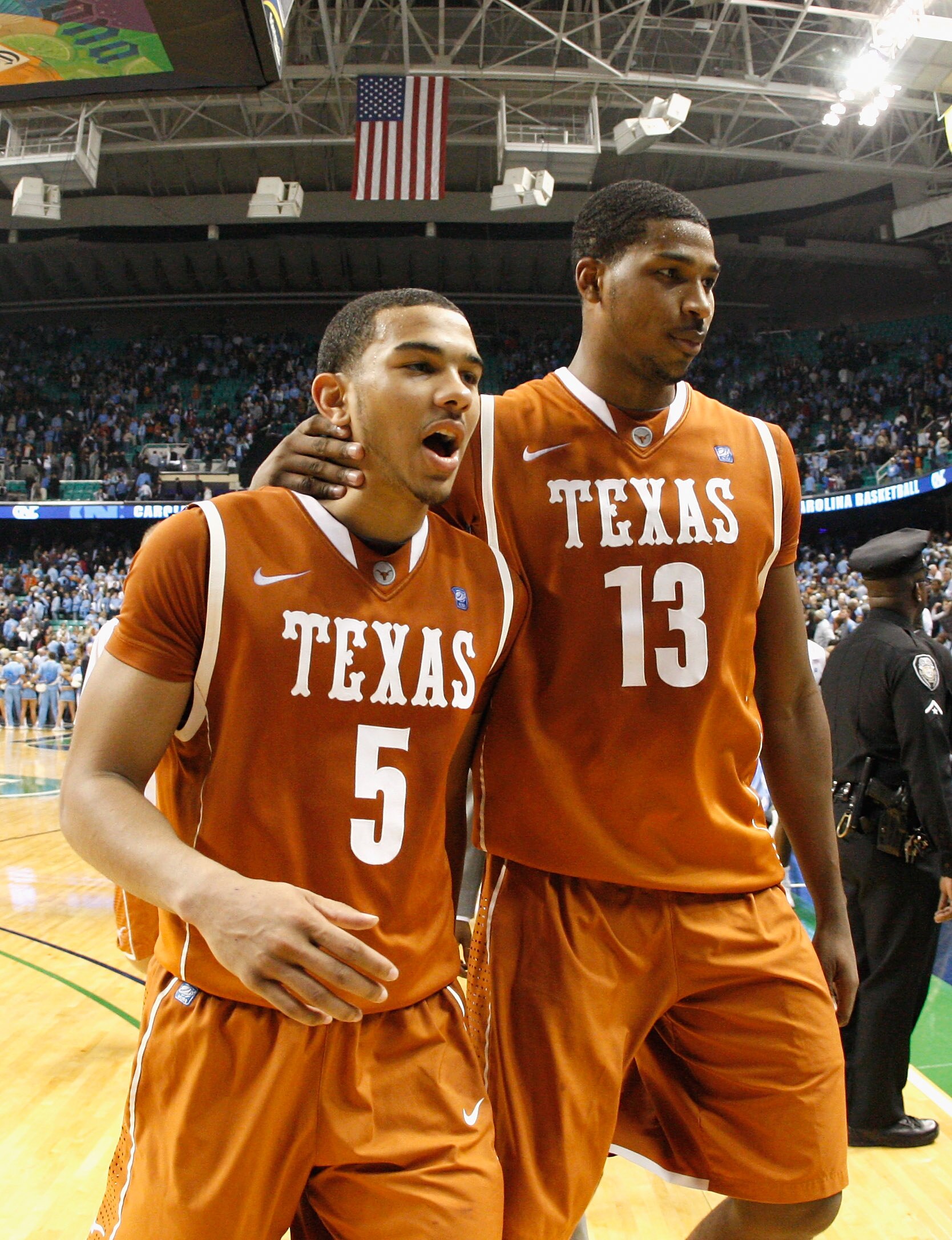 GREENSBORO, NC - DECEMBER 18:  Cory Joseph #5 and Tristan Thompson #13 of the Texas Longhorns react after their 78-76 win over the North Carolina Tar Heels Greensboro Coliseum on December 18, 2010 in Greensboro, North Carolina.  (Photo by Kevin C. Cox/Get