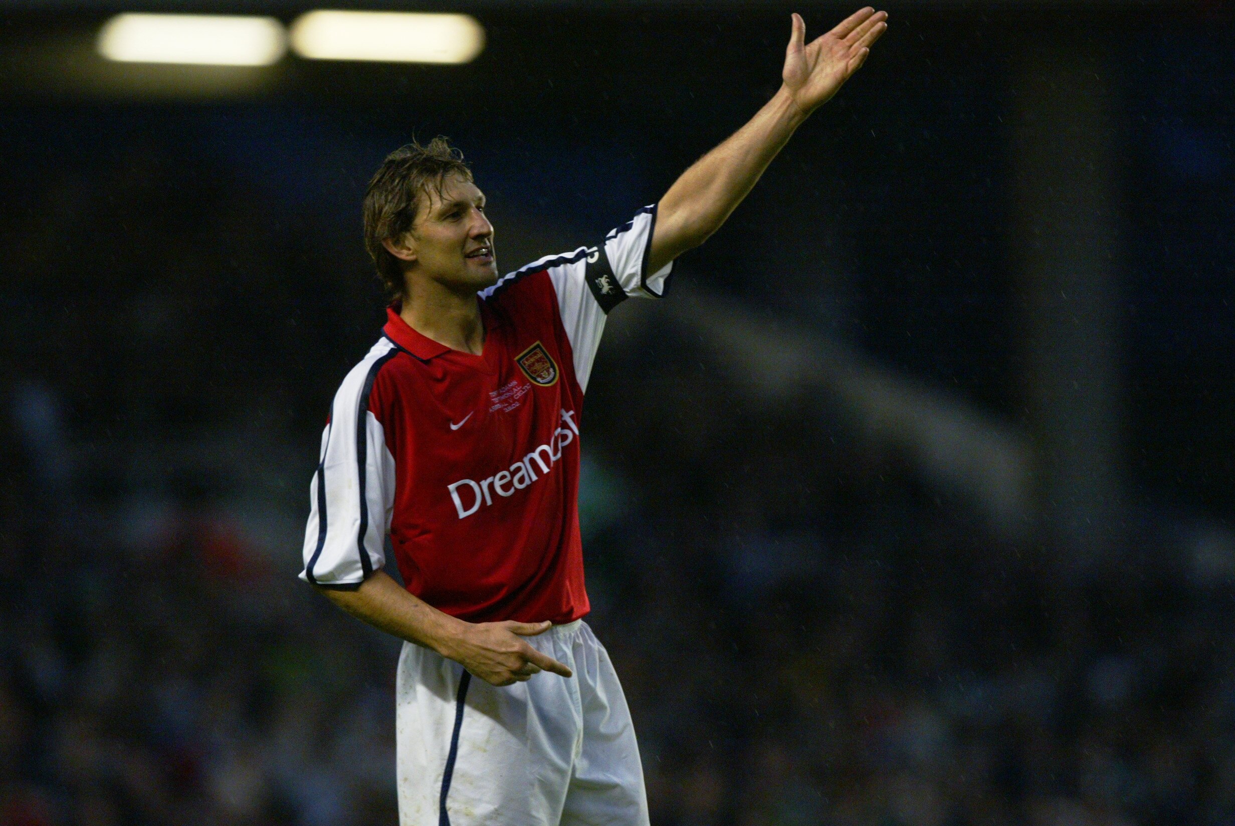 LONDON - MAY 13:  Tony Adams of Arsenal in action during The Tony Adams Testimonial match between Arsenal and Celtic played at Highbury, in London on May 13, 2002. The match ended in a 1-1 draw. DIGITAL IMAGE. (Photo by Ben Radford/Getty Images)