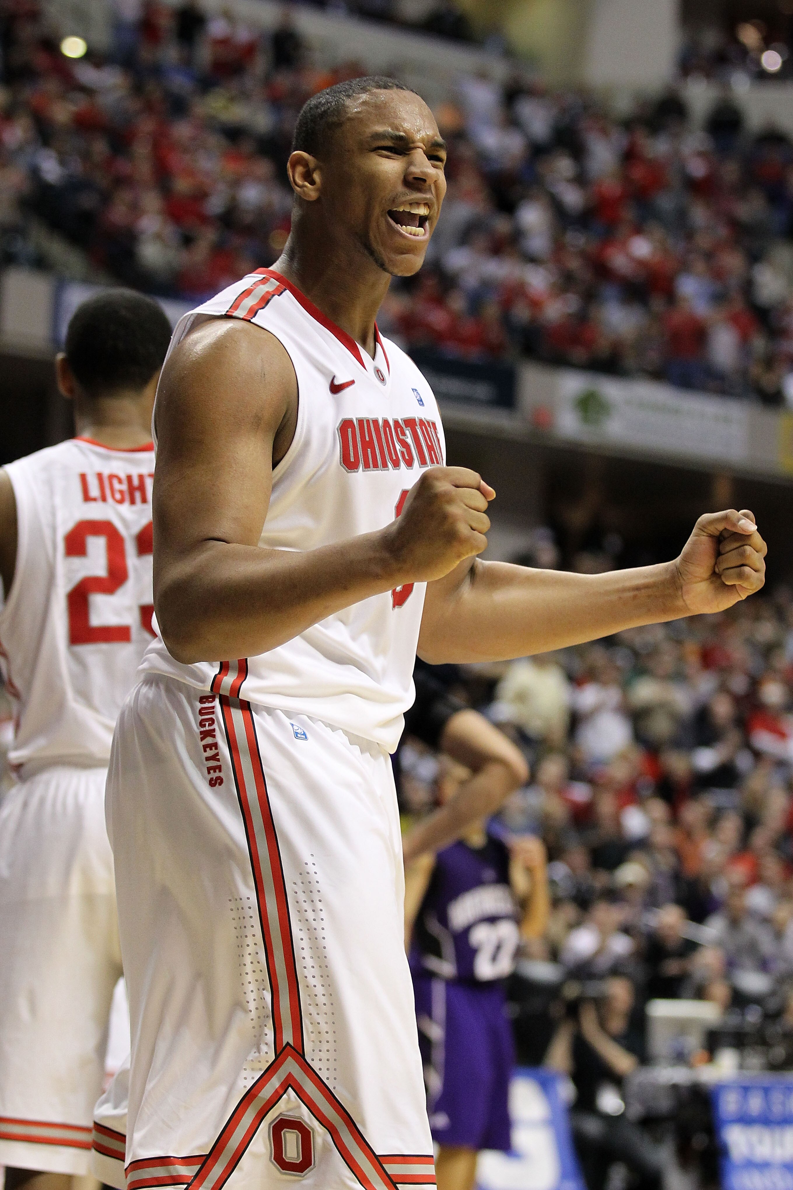 INDIANAPOLIS, IN - MARCH 11:  Jared Sullinger #0 of the Ohio State Buckeyes reacts in the second half against the Northwestern Wildcats during the quarterfinals of the 2011 Big Ten Men's Basketball Tournament at Conseco Fieldhouse on March 11, 2011 in Ind