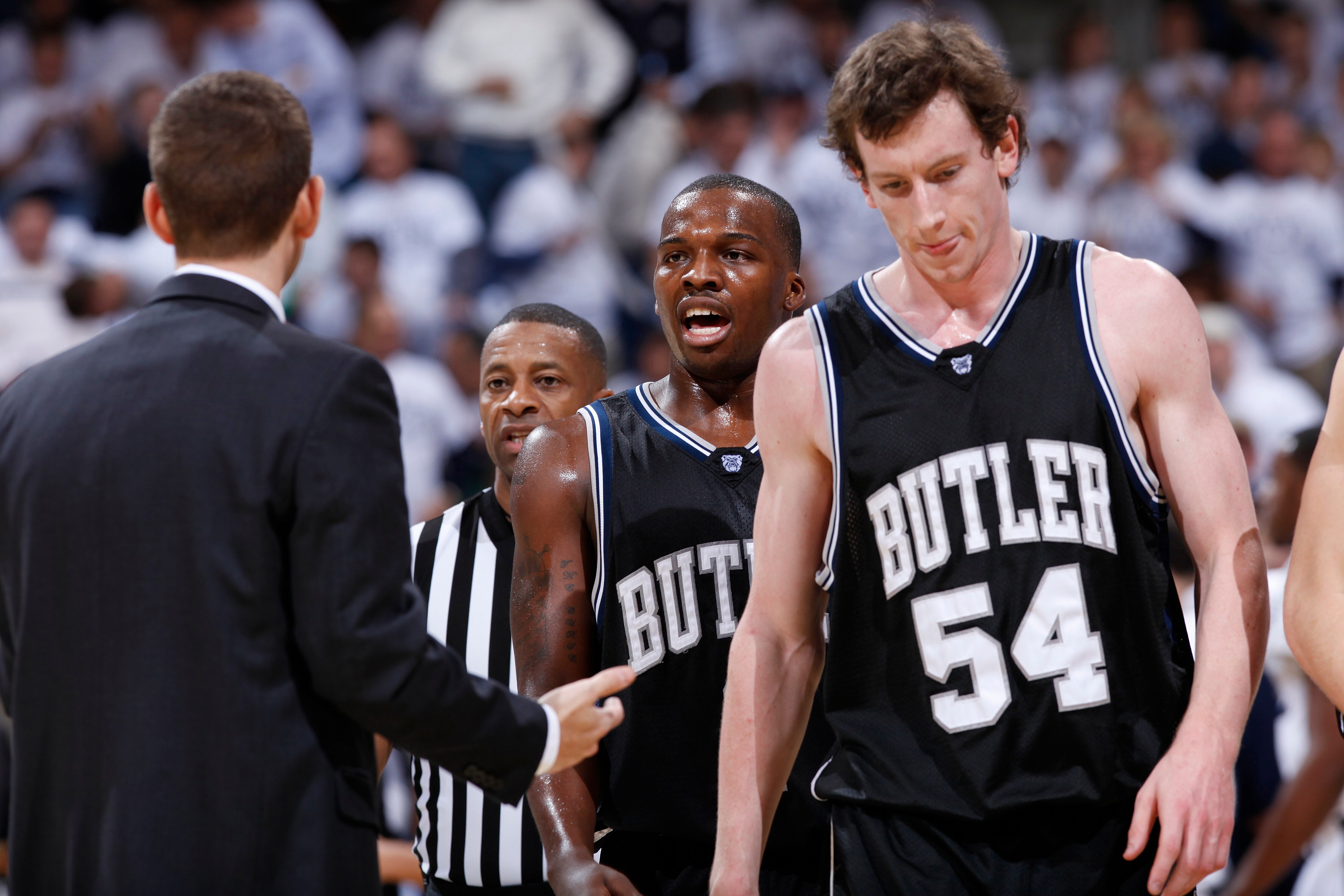 CINCINNATI, OH - DECEMBER 9: Shelvin Mack #1 and Matt Howard #54 of the Butler Bulldogs come off the floor during a timeout in the game against the Xavier Musketeers at Cintas Center on December 9, 2010 in Cincinnati, Ohio. Xavier defeated Butler 51-49. ( CINCINNATI, OH - DECEMBER 9: Shelvin Mack #1 and Matt Howard #54 of the Butler Bulldogs come off the floor during a timeout in the game against the Xavier Musketeers at Cintas Center on December 9, 2010 in Cincinnati, Ohio. Xavier defeated Butler 51-49. (