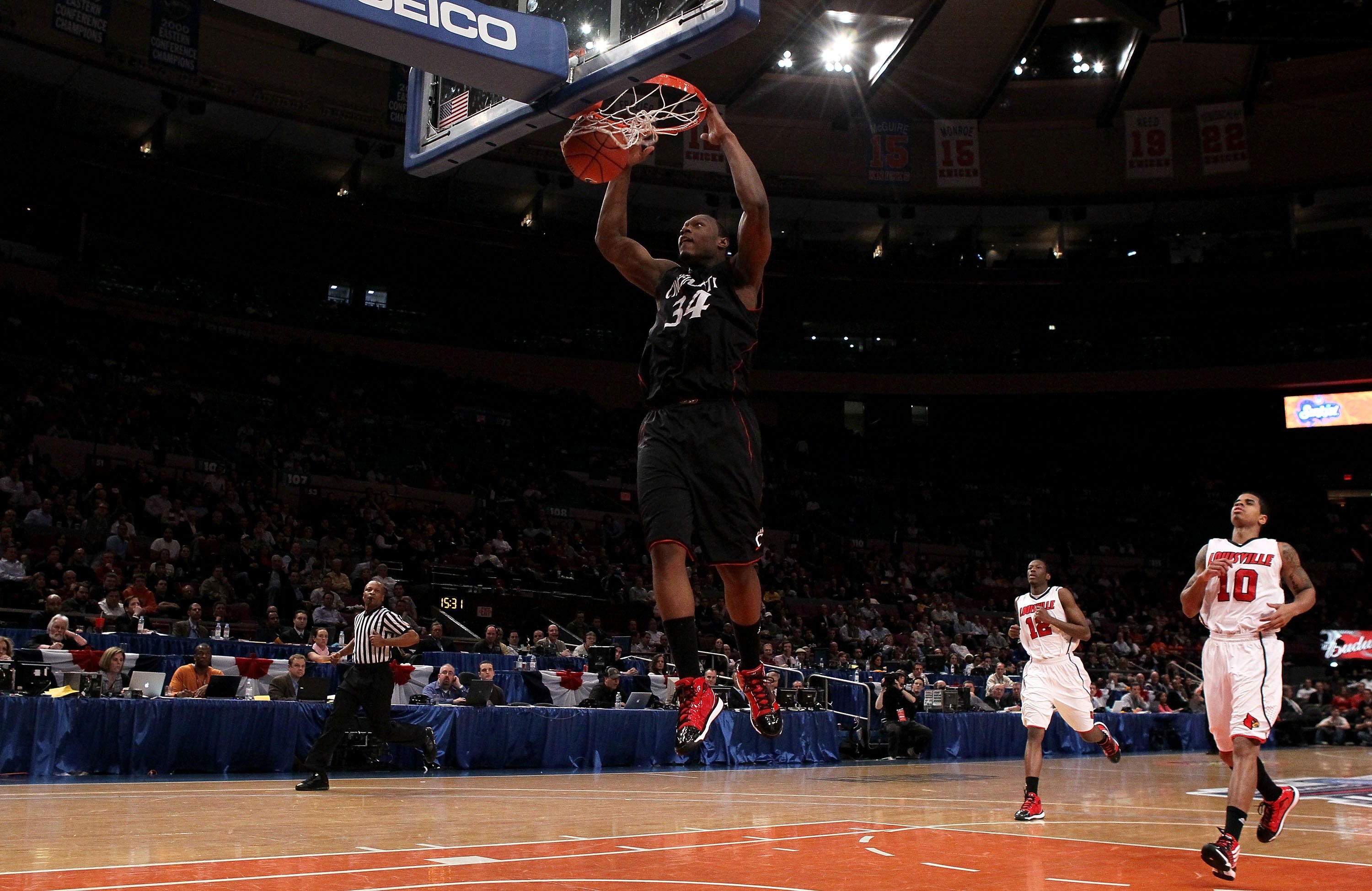 NEW YORK - MARCH 10: Yancy Gates #34 of the Cincinnati Bearcats goes to the hoop against the Louisville Cardinals during the second round of 2010 NCAA Big East Tournament at Madison Square Garden on March 10, 2010 in New York City. (Photo by Jim McIsaac NEW YORK - MARCH 10: Yancy Gates #34 of the Cincinnati Bearcats goes to the hoop against the Louisville Cardinals during the second round of 2010 NCAA Big East Tournament at Madison Square Garden on March 10, 2010 in New York City. (Photo by Jim McIsaac