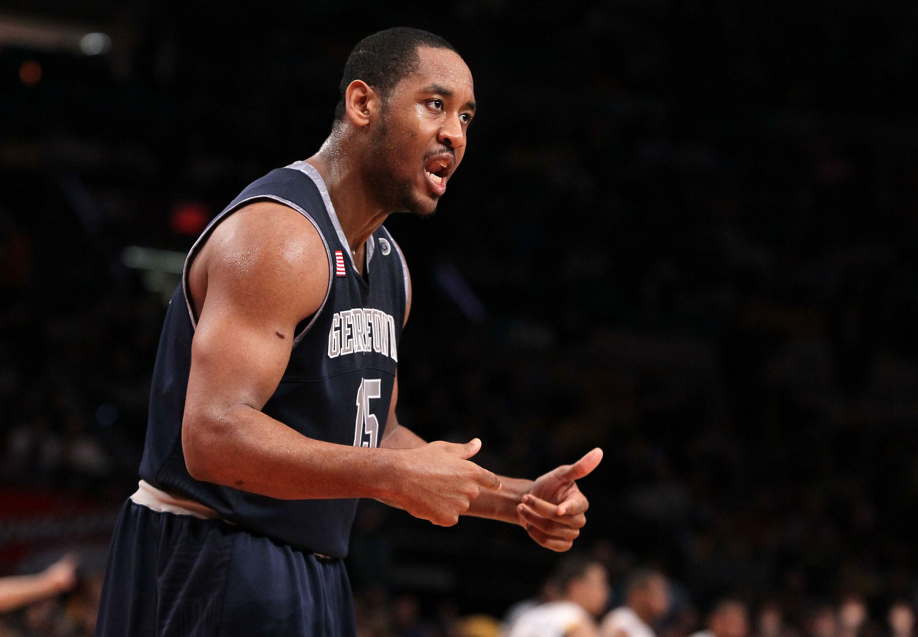 NEW YORK - MARCH 13: Austin Freeman #15 of the Georgetown Hoyas reacts after a play against the West Virginia Mountaineers during the championship of the 2010 NCAA Big East Tournament at Madison Square Garden on March 13, 2010 in New York City. (Photo by NEW YORK - MARCH 13: Austin Freeman #15 of the Georgetown Hoyas reacts after a play against the West Virginia Mountaineers during the championship of the 2010 NCAA Big East Tournament at Madison Square Garden on March 13, 2010 in New York City. (Photo by