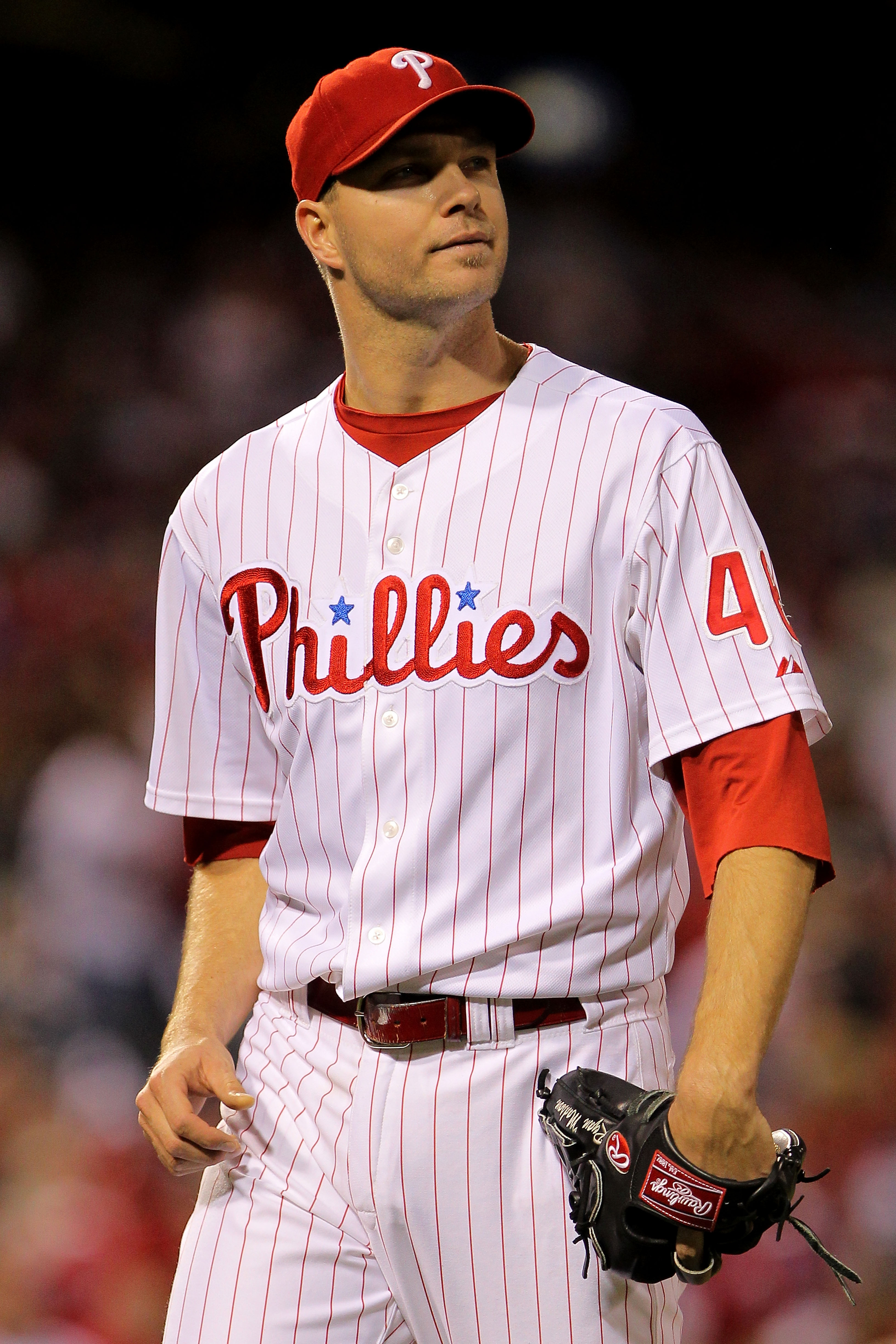 PHILADELPHIA - OCTOBER 23:  Ryan Madson #46 of the Philadelphia Phillies reacts after giving up a solo homerun to Juan Uribe #5 of the San Francisco Giants in the eigth inning against the Philadelphia Phillies in Game Six of the NLCS during the 2010 MLB P