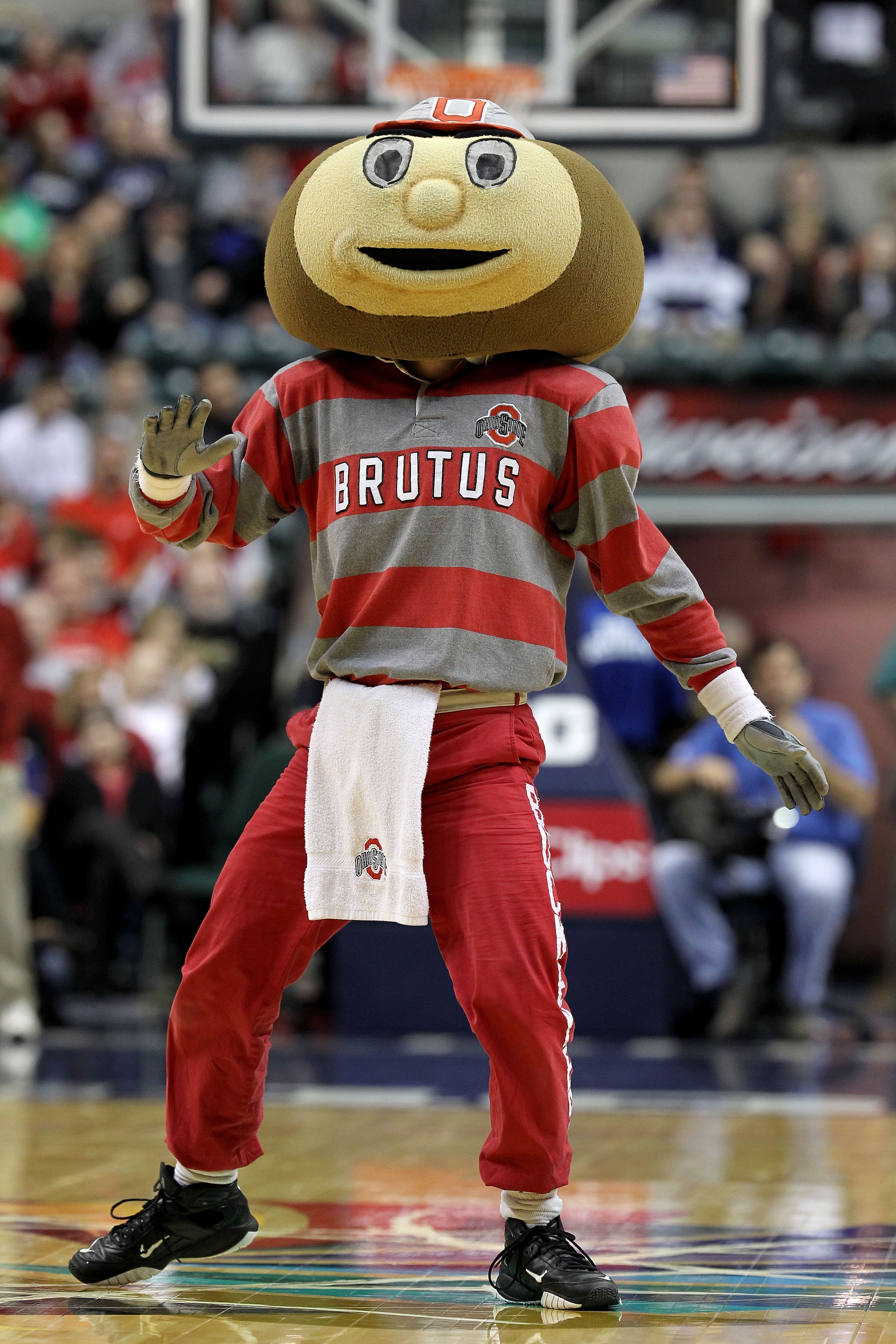 INDIANAPOLIS, IN - MARCH 13:  Brutus, the mascot of the Ohio State Buckeyes performs against the Penn State Nittany Lions during the championship game of the 2011 Big Ten Men's Basketball Tournament at Conseco Fieldhouse on March 13, 2011 in Indianapolis,