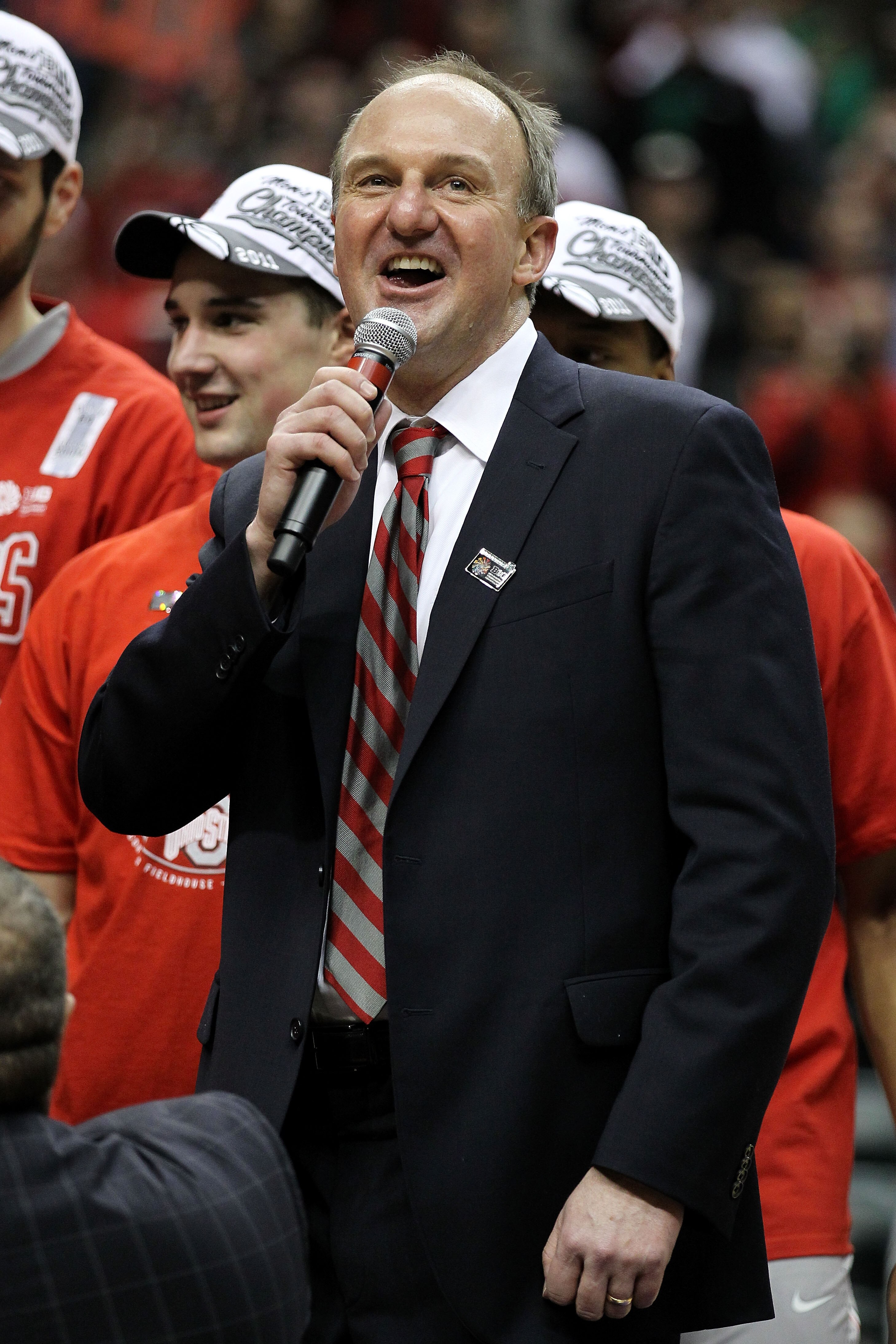 INDIANAPOLIS, IN - MARCH 13:  Head coach Thad Matta of the Ohio State Buckeyes addresses the fans after they won 71-60 against the Penn State Nittany Lions during the championship game of the 2011 Big Ten Men's Basketball Tournament at Conseco Fieldhouse