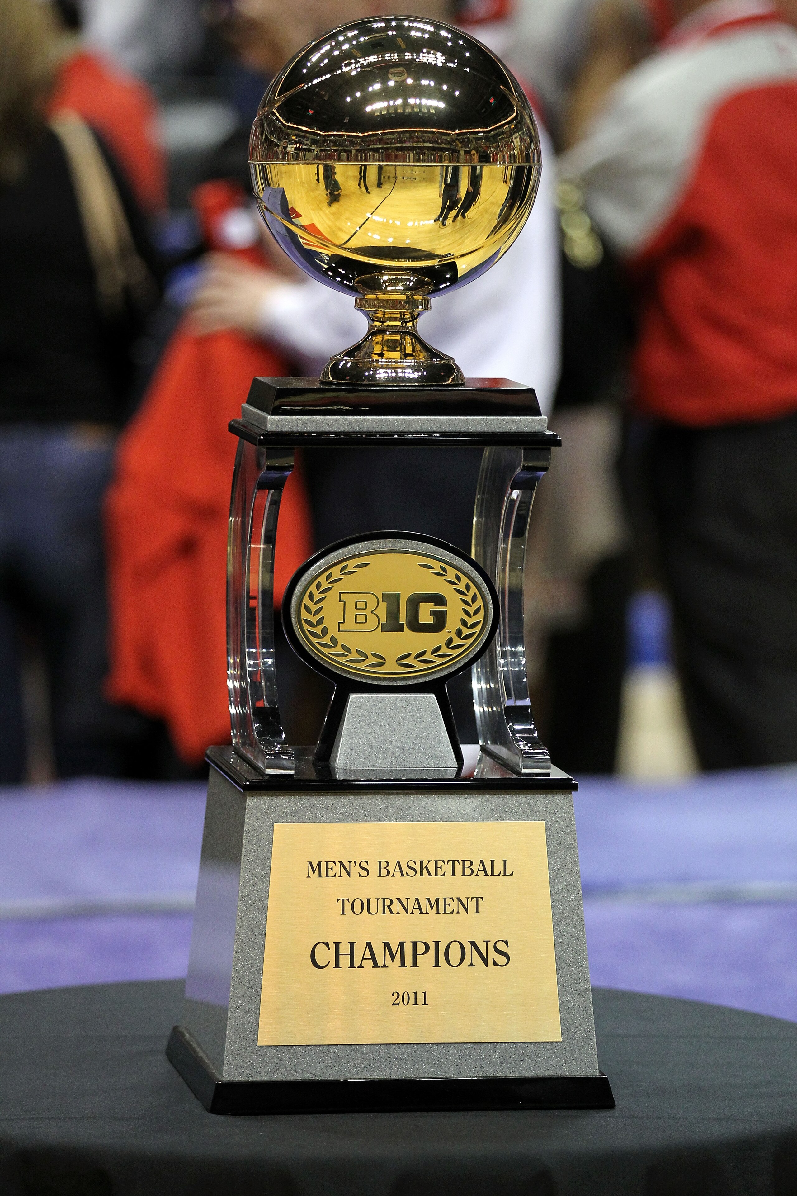 INDIANAPOLIS, IN - MARCH 13:  A detail of the 2011 Big Ten Championship trophy won by the Ohio State Buckeyes after they won 71-60 against the Penn State Nittany Lions during the championship game of the 2011 Big Ten Men's Basketball Tournament at Conseco