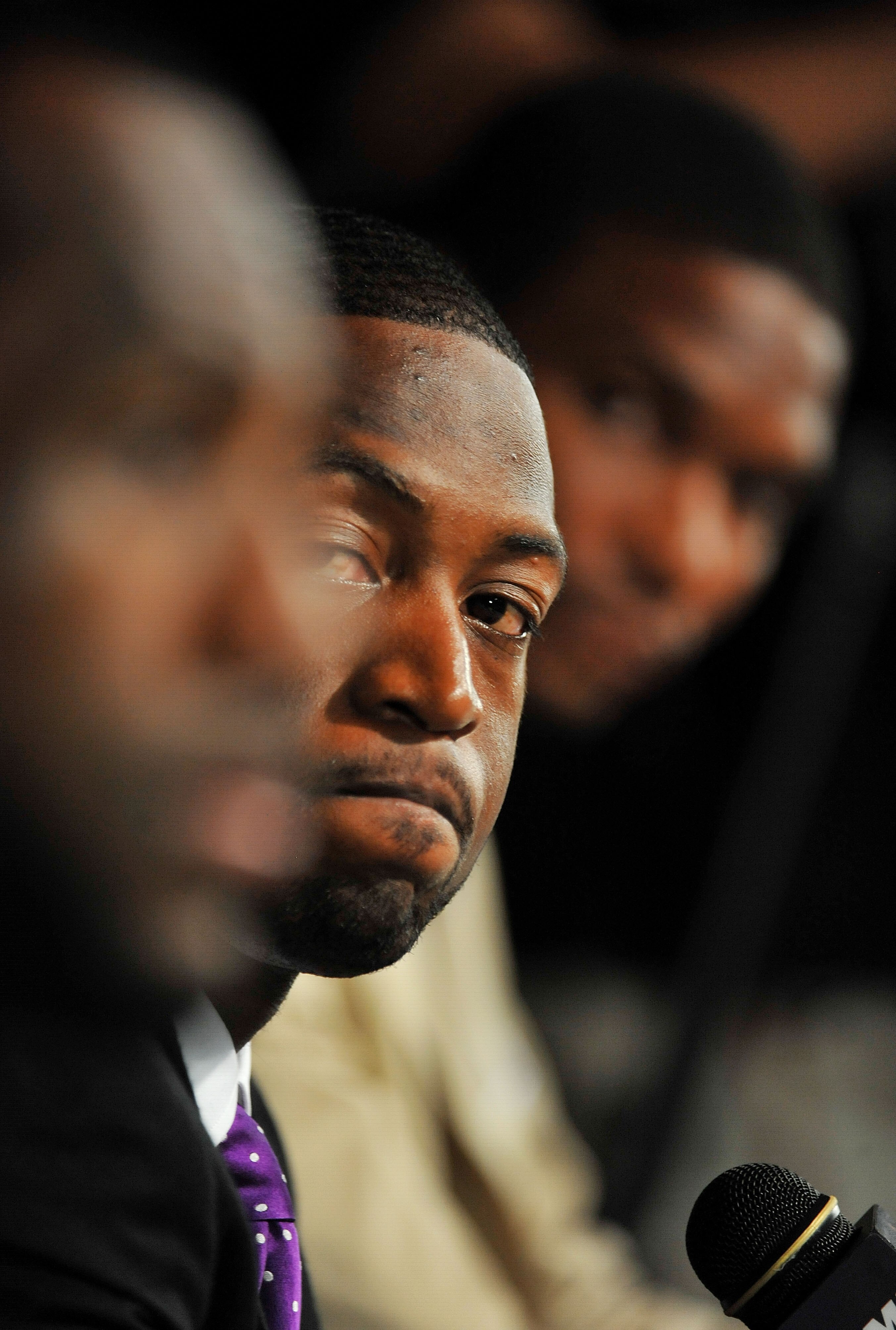 MIAMI - JULY 09:  Dwyane Wade #3 (C)  of the Miami Heat listens to teammate LeBron James  during a press conference after a welcome party at American Airlines Arena on July 9, 2010 in Miami, Florida.  (Photo by Doug Benc/Getty Images)
