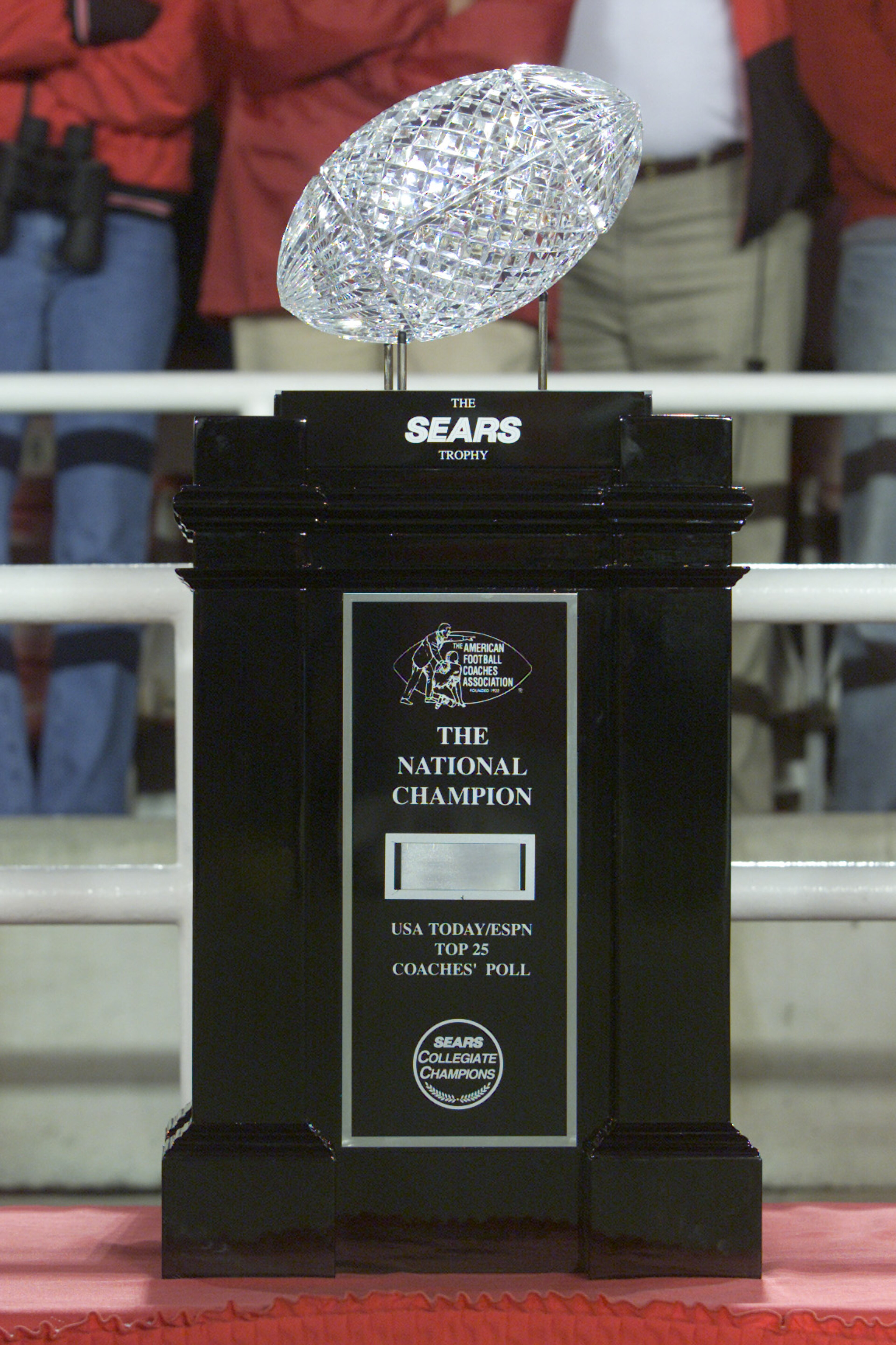 3 Jan 2002:  The Sears National Championship trophy sits on the sidelines before the start of the Rose Bowl National Championship game between Nebraska and Miami at the Rose Bowl in Pasadena, California.  Miami won the game 37-14, winning the BCS and the