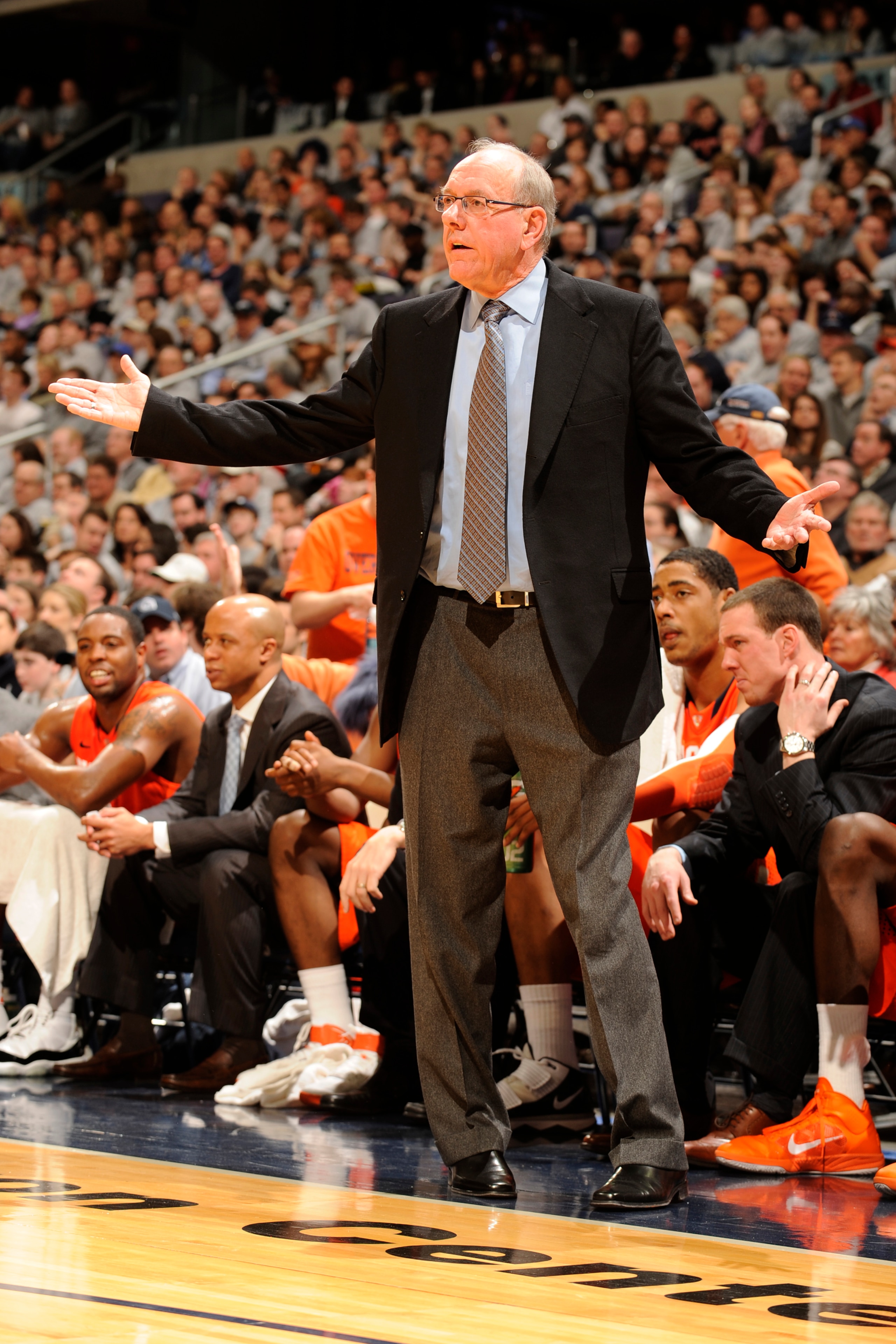 WASHINGTON, DC - FEBRUARY 26:  Head coach Jim Boeheim of the Syracuse Orange reacts to a call during a college basketball game against the Georgetown Hoyas on February 26, 2011 at the Verizon Center in Washington, DC  The Orange 58-51.  (Photo by Mitchell
