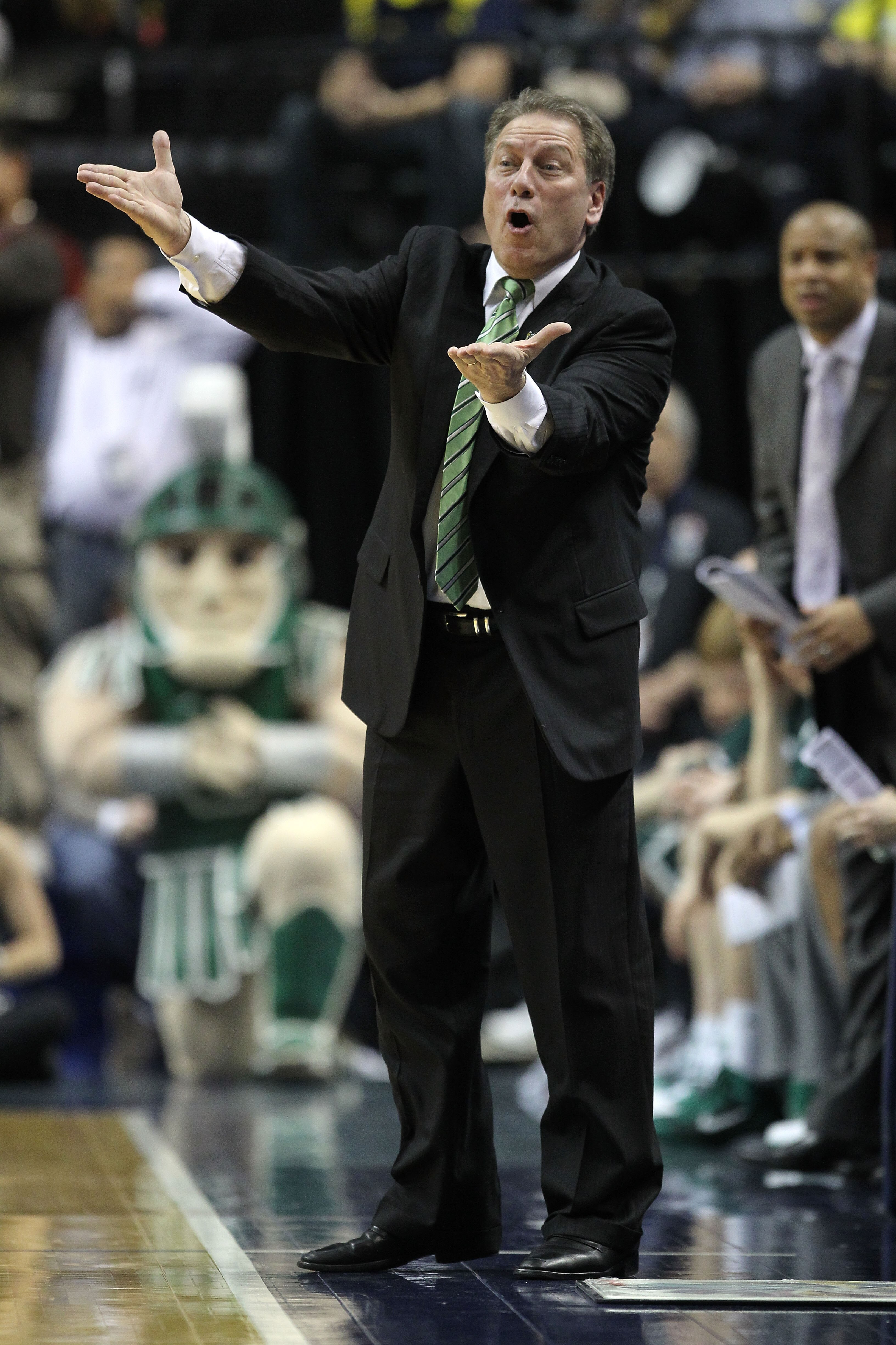 INDIANAPOLIS, IN - MARCH 11:  Head coach Tom Izzo of the Michigan State Spartans reacts against the Purdue Boilermakers during the quarterfinals of the 2011 Big Ten Men's Basketball Tournament at Conseco Fieldhouse on March 11, 2011 in Indianapolis, India