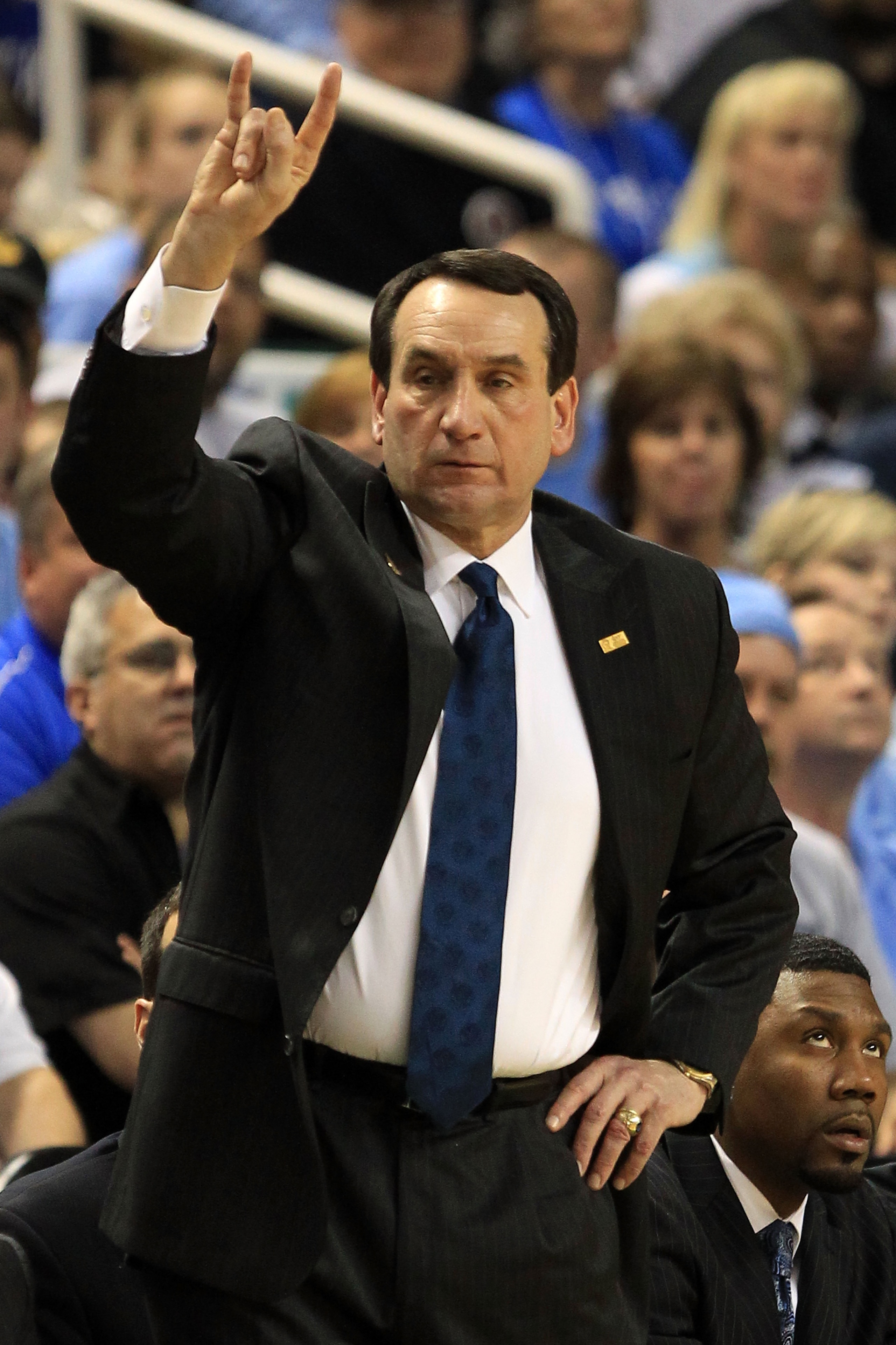 GREENSBORO, NC - MARCH 13:  Head coach Mike Krzyzewski of the Duke Blue Devils reacts during the second half in the championship game of the 2011 ACC men's basketball tournament at the Greensboro Coliseum on March 13, 2011 in Greensboro, North Carolina. D