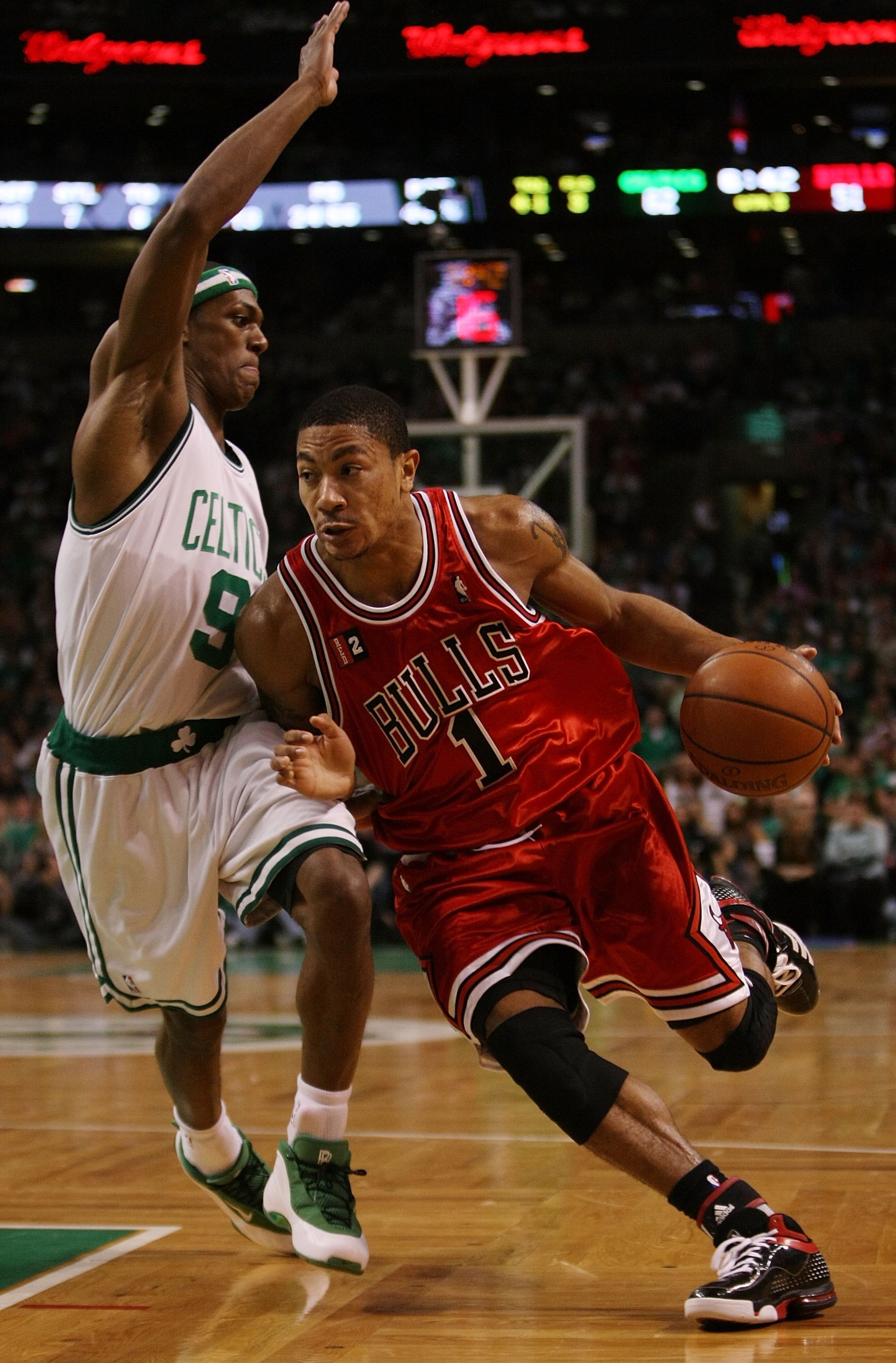 BOSTON - MAY 02: Derrick Rose #1 of the Chicago Bulls drives to the net as Rajon Rondo #9 of the Boston Celtics defends in Game Seven of the Eastern Conference Quarterfinals during the 2009 NBA Playoffs at TD Banknorth Garden on May 2, 2009 in Boston, Ma BOSTON - MAY 02: Derrick Rose #1 of the Chicago Bulls drives to the net as Rajon Rondo #9 of the Boston Celtics defends in Game Seven of the Eastern Conference Quarterfinals during the 2009 NBA Playoffs at TD Banknorth Garden on May 2, 2009 in Boston, Ma