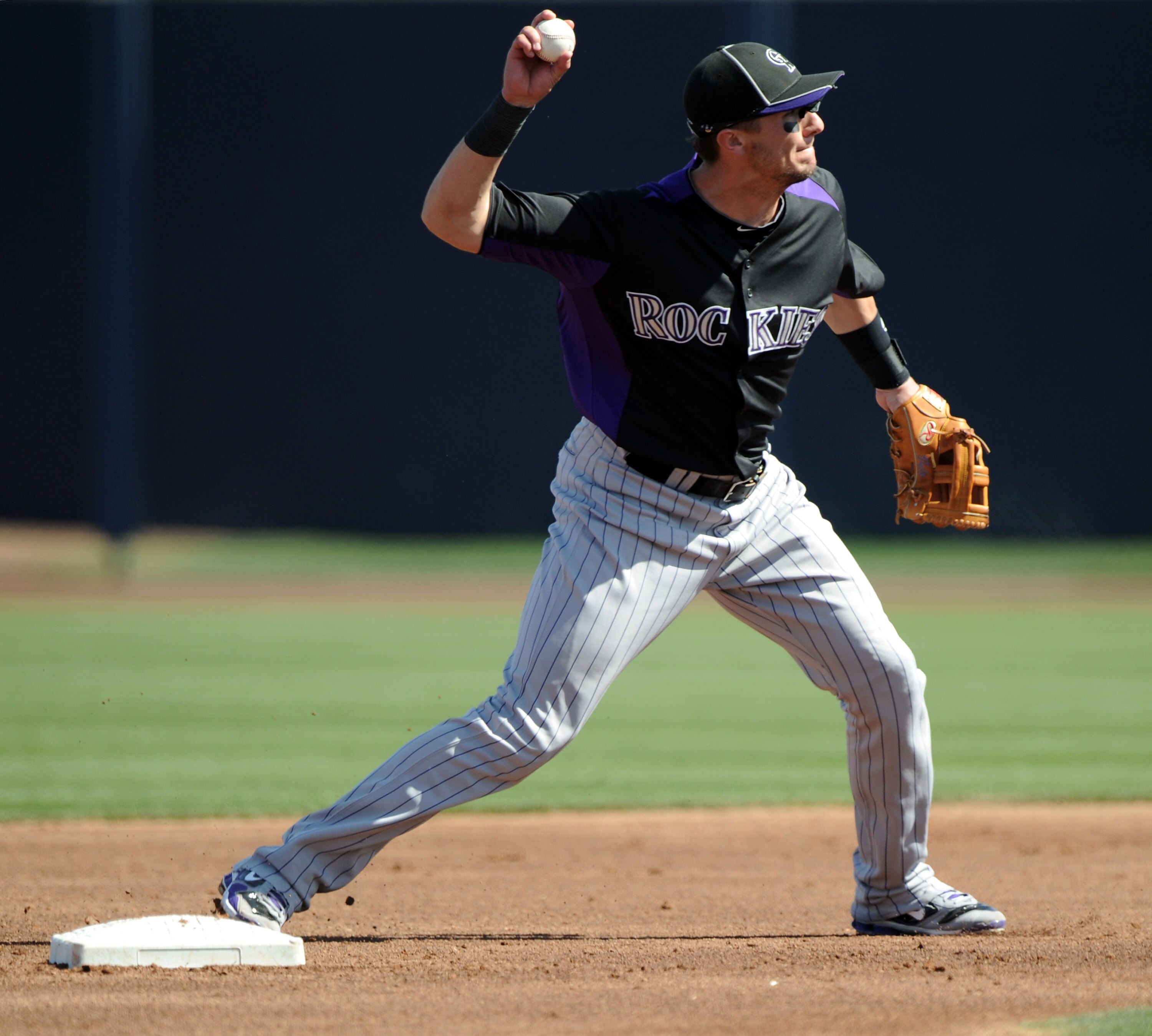 PEORIA, AZ - MARCH 02:  Troy Tulowitzki #2 of the Colorado Rockies makes a throw to first against the San Diego Padres during spring training at Peoria Stadium on March 2, 2011 in Peoria, Arizona.  (Photo by Harry How/Getty Images)