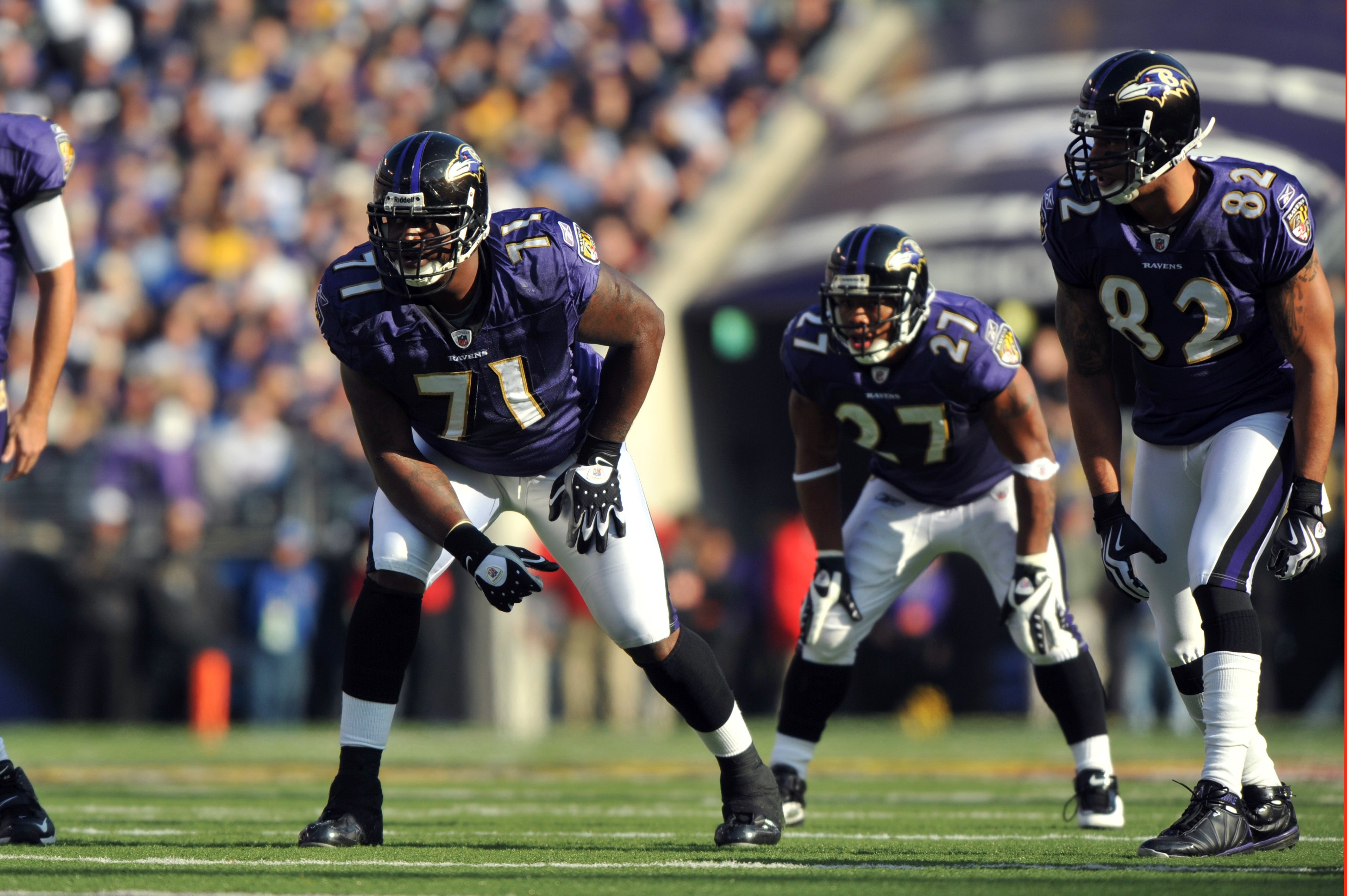 BALTIMORE - NOVEMBER 22:  Jared Gaither #71 of the Baltimore Ravens defends against the Indianapolis Colts at M&T Bank Stadium on November 22, 2009 in Baltimore, Maryland. The Colts defeated the Ravens 17-15. (Photo by Larry French/Getty Images)