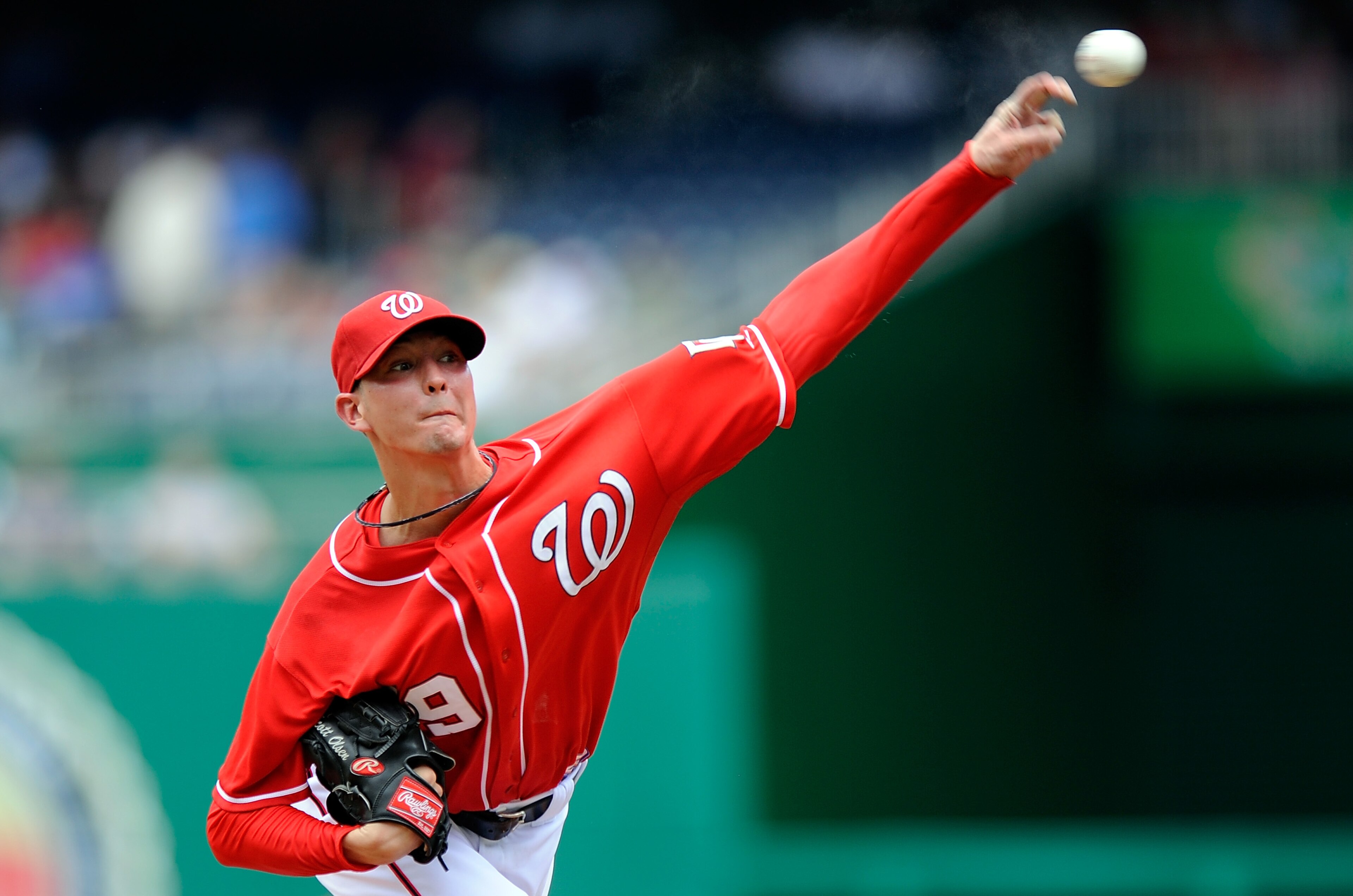 WASHINGTON - JULY 29:  Scott Olsen #19 of the Washington Nationals pitches against the Atlanta Braves at Nationals Park on July 29, 2010 in Washington, DC.  (Photo by Greg Fiume/Getty Images)