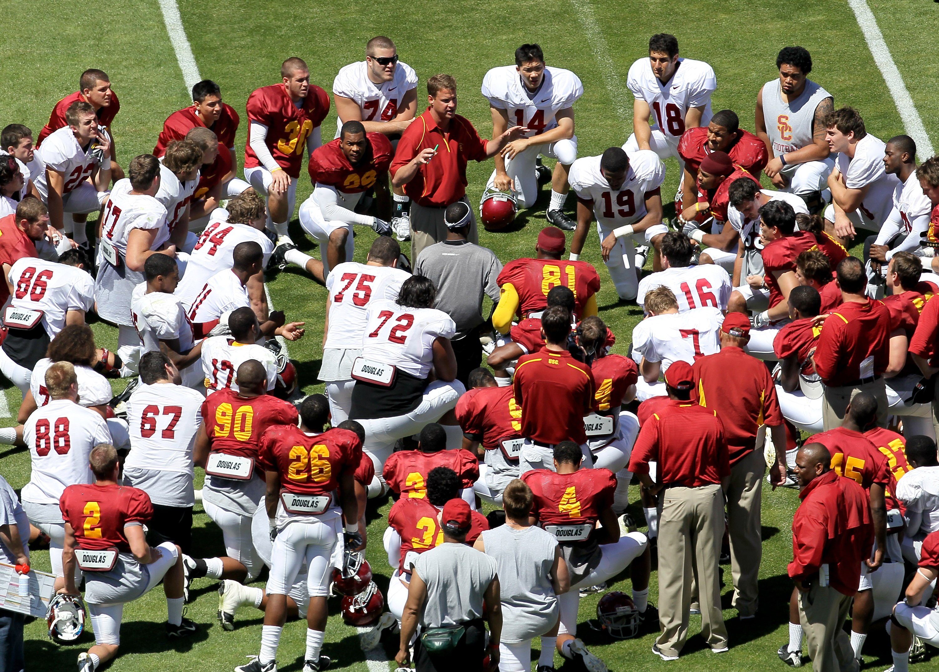LOS ANGELES, CA - MAY 01:  Head coach Lane Kiffin addresses the team following the  USC Trojans spring game on  May 1, 2010 at the Los Angeles Memorial Coliseum in Los Angeles, California.  (Photo by Stephen Dunn/Getty Images)