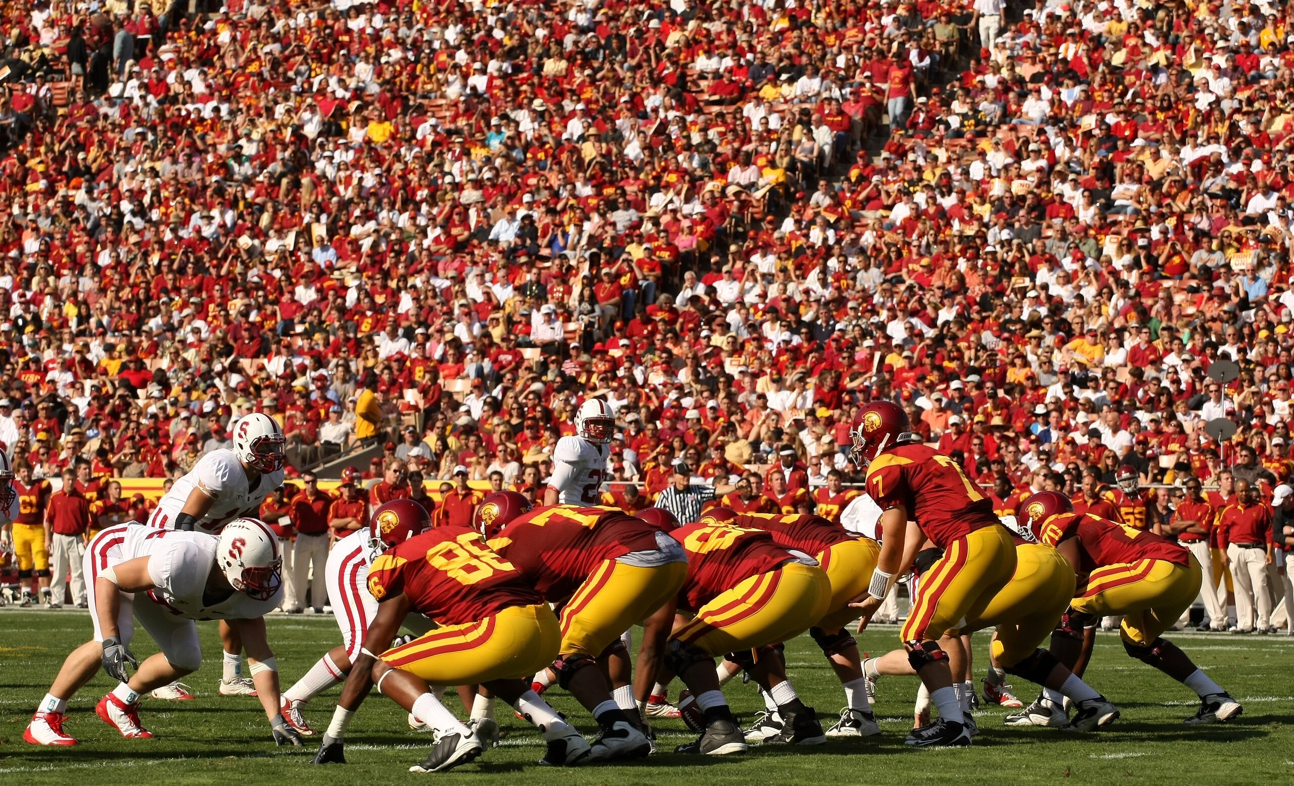 LOS ANGELES - NOVEMBER 14: The USC Trojans offense sets on the line of scrimmage against the Stanford Cardinal on November 14, 2009 at the Los Angeles Coliseum in Los Angeles, California. Stanford won 55-21. (Photo by Stephen Dunn/Getty Images) LOS ANGELES - NOVEMBER 14: The USC Trojans offense sets on the line of scrimmage against the Stanford Cardinal on November 14, 2009 at the Los Angeles Coliseum in Los Angeles, California. Stanford won 55-21. (Photo by Stephen Dunn/Getty Images)