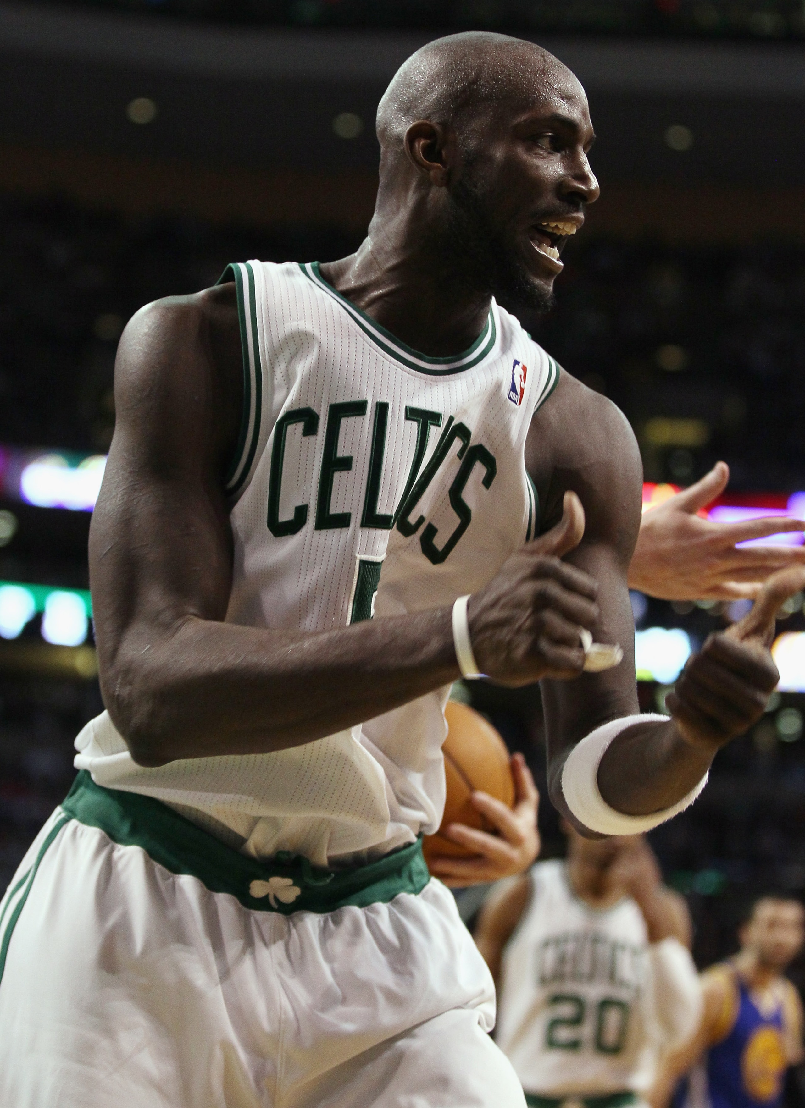 BOSTON, MA - MARCH 04:  Kevin Garnett #5 of the Boston Celtics celebrates the jump ball in the fourth quarter against the Golden State Warriors on March 4, 2011 at the TD Garden in Boston, Massachusetts.  The Celtics defeated the Warriors 107-103. NOTE TO