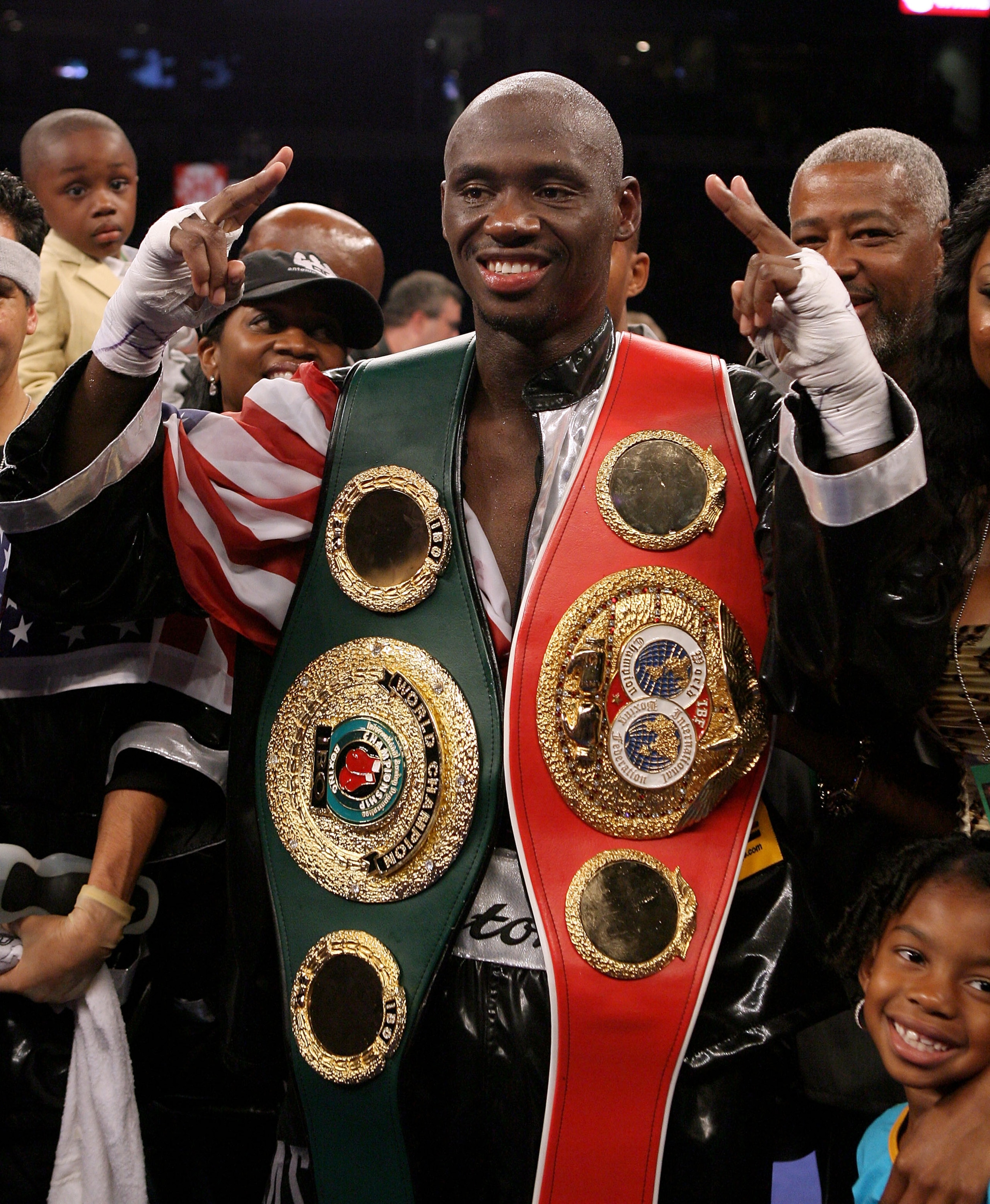 TAMPA, FLORIDA - APRIL 12:   Antonio Tarver celebrates defeating Clinton Woods during the IBO, IBF light-Heavyweight title fight on April 12, 2008 at St. Pete Times Forum, Tampa, Florida.  (Photo by John Gichigi/Getty Images)