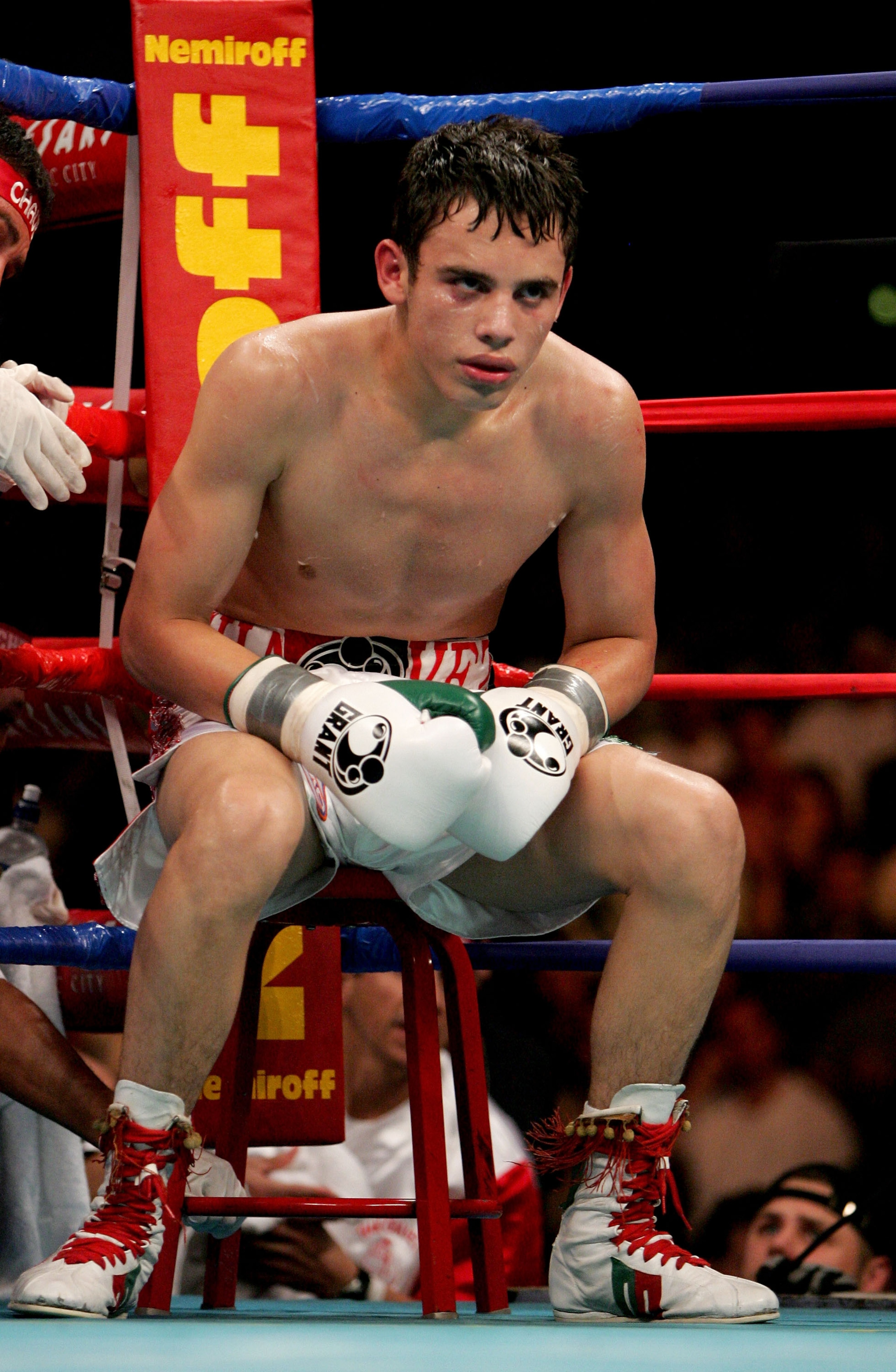 ATLANTIC CITY, NJ - JUNE 25:  Julio Cesar Chavez Jr. sits in his corner after the first round against Ruban Galvan in their Junior Welterweight fight at Boardwalk Hall on June 25, 2005 in Atlantic City, New Jersey. Julio Cesar Chavez Jr. won the fight aft