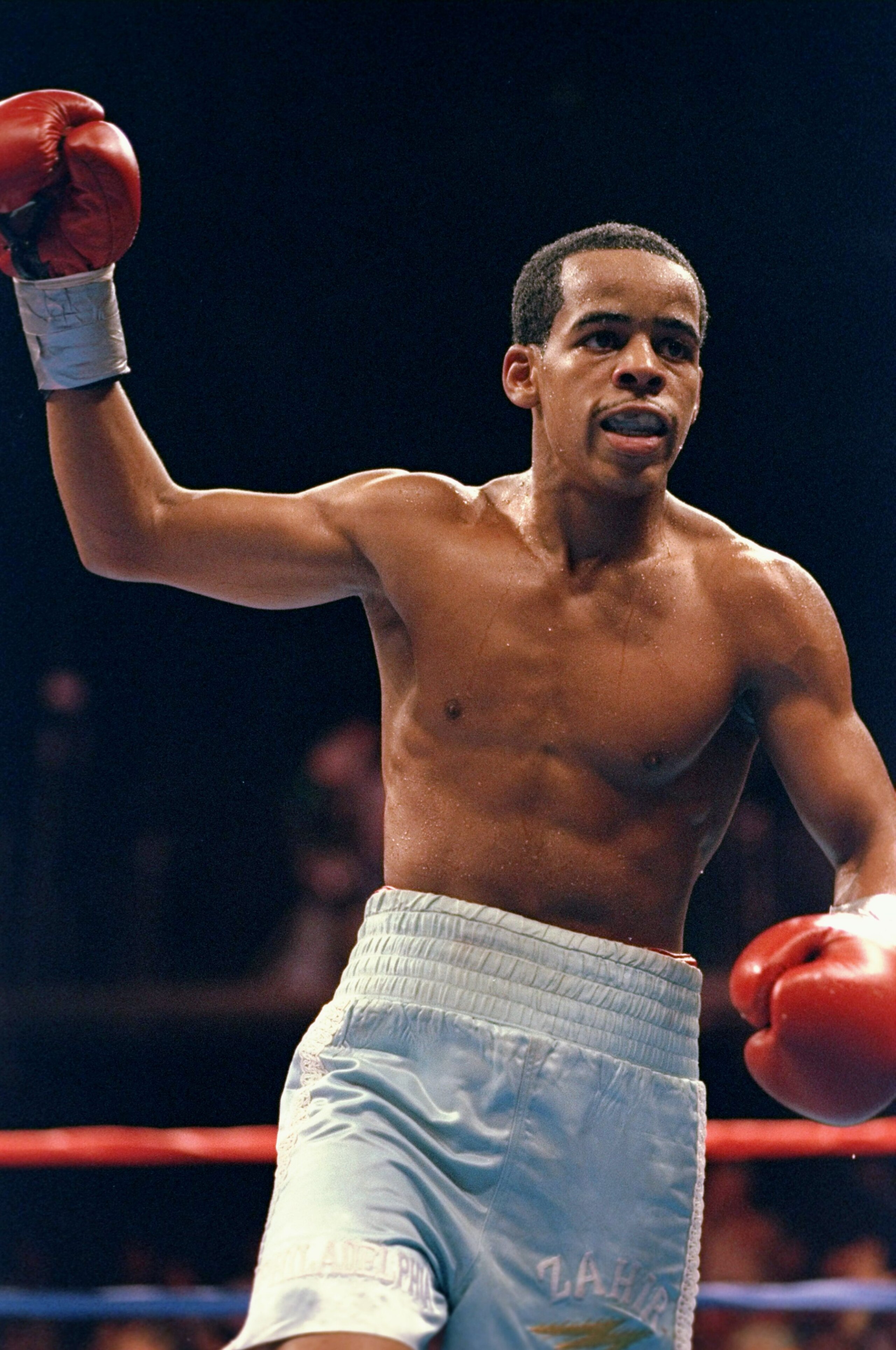 25 Sep 1998:  Zahir Raheem celebrates a victory over Shawn Powell following their bout at the Foxwoods Casino in Ledyard, Connecticut. Raheem defeated Powell by way of a TKO in the fifth round. Mandatory Credit: Al Bello  /Allsport