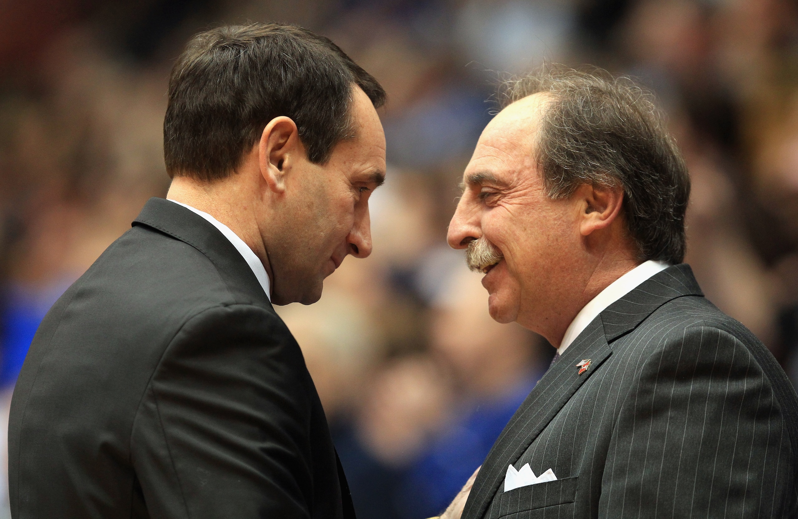 DURHAM, NC - FEBRUARY 23:  Head coach Fran Dunphy of the Temple Owls talks to head coach Mike Krzyzewski of the Duke Blue Devils before their game at Cameron Indoor Stadium on February 23, 2011 in Durham, North Carolina.  (Photo by Streeter Lecka/Getty Im