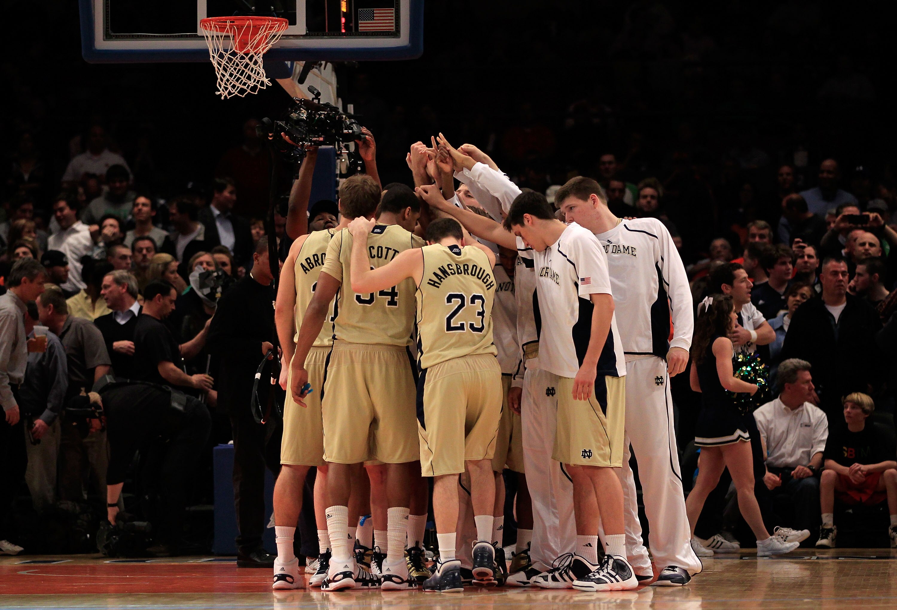 NEW YORK, NY - MARCH 11: The Notre Dame Fighting Irish huddle before their game against the Louisville Cardinals during the semifinals of the 2011 Big East Men's Basketball Tournament presented by American Eagle Outfitters at Madison Square Garden on Marc