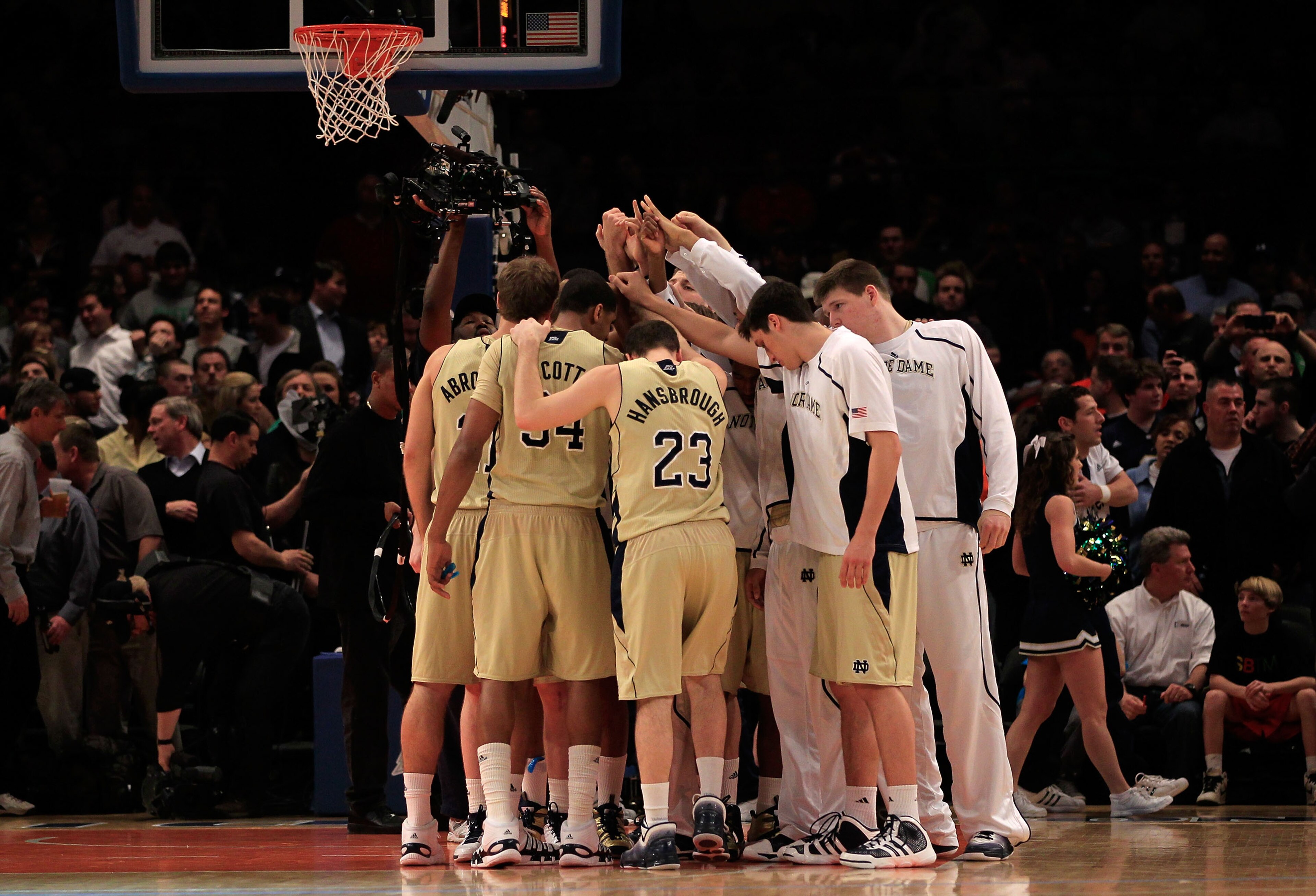 NEW YORK, NY - MARCH 11: The Notre Dame Fighting Irish huddle before their game against the Louisville Cardinals during the semifinals of the 2011 Big East Men's Basketball Tournament presented by American Eagle Outfitters at Madison Square Garden on Marc