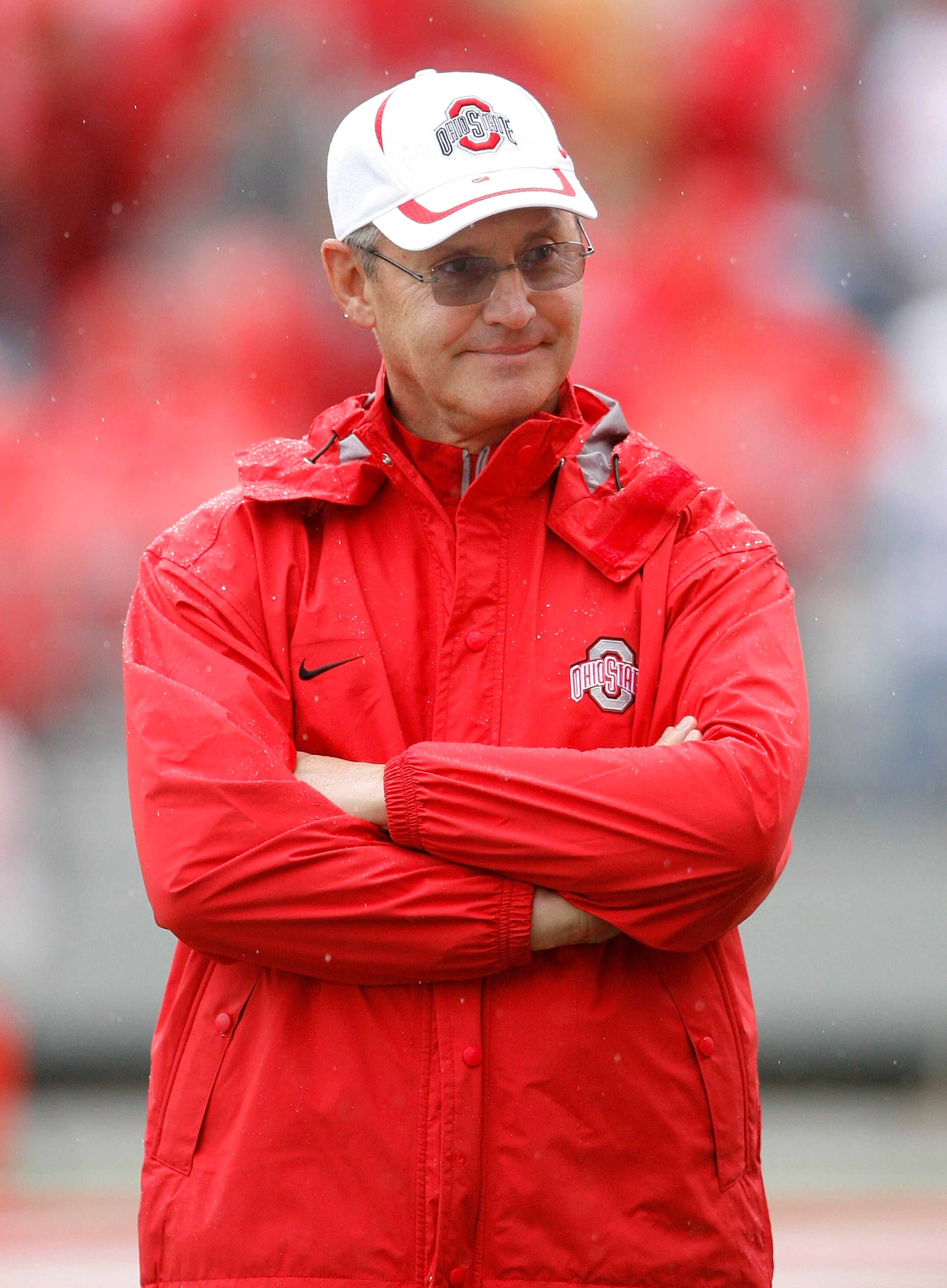 COLUMBUS, OH - APRIL 19:  Head coach Jim Tressel of the Ohio State University Buckeyes smiles on the sidelines after a touchdown during the second quarter of their Spring Game on April 19, 2008 at Ohio Stadium in Columbus, Ohio.  (Photo by Matt Sullivan/G