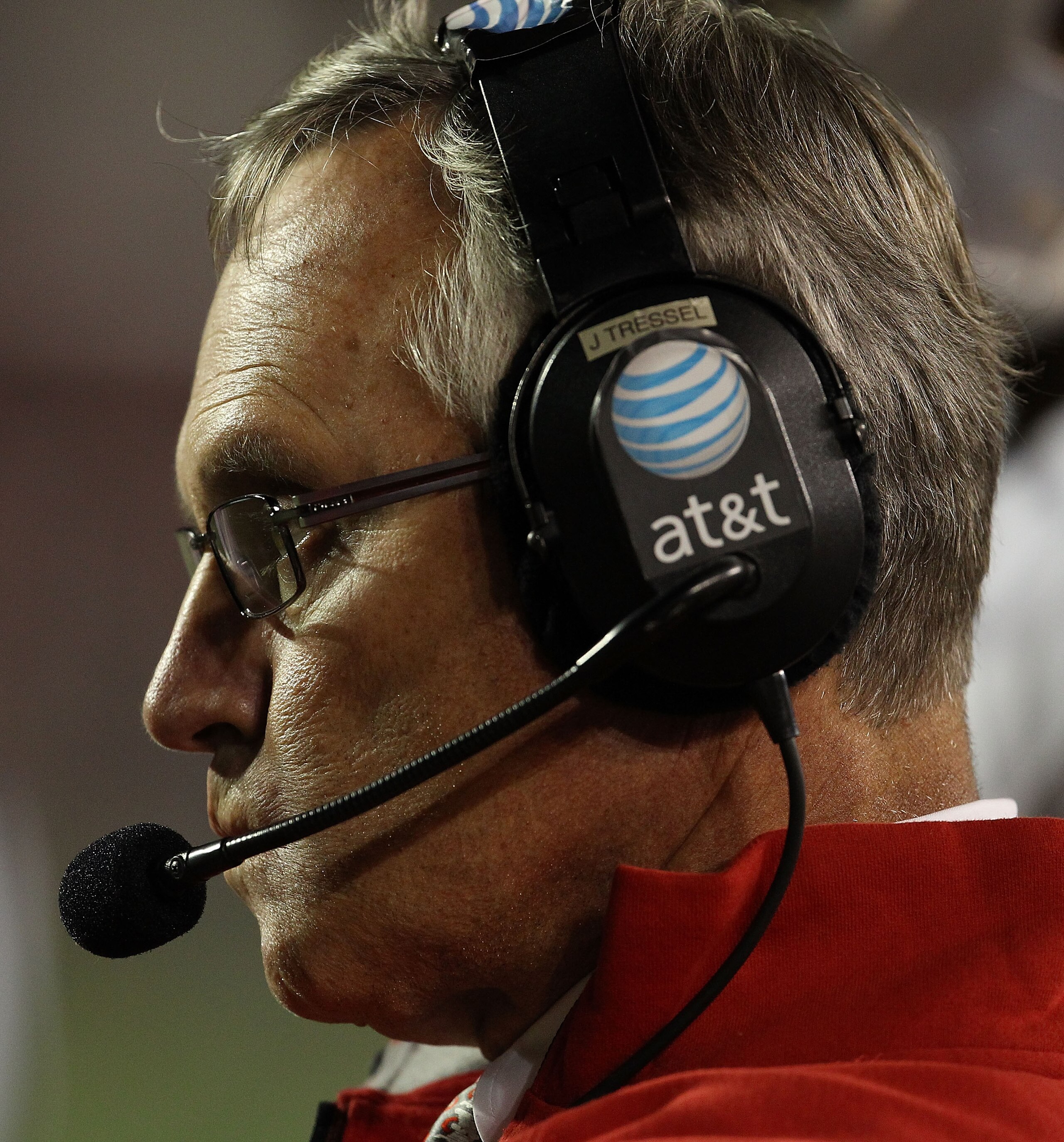 MADISON, WI - OCTOBER 16: Head coach Jim Tressel of the Ohio State Buckeyes watches as his team takes on the Wisconsin Badgers at Camp Randall Stadium on October 16, 2010 in Madison, Wisconsin. Wisconsin defeated Ohio State 31-18.  (Photo by Jonathan Dani