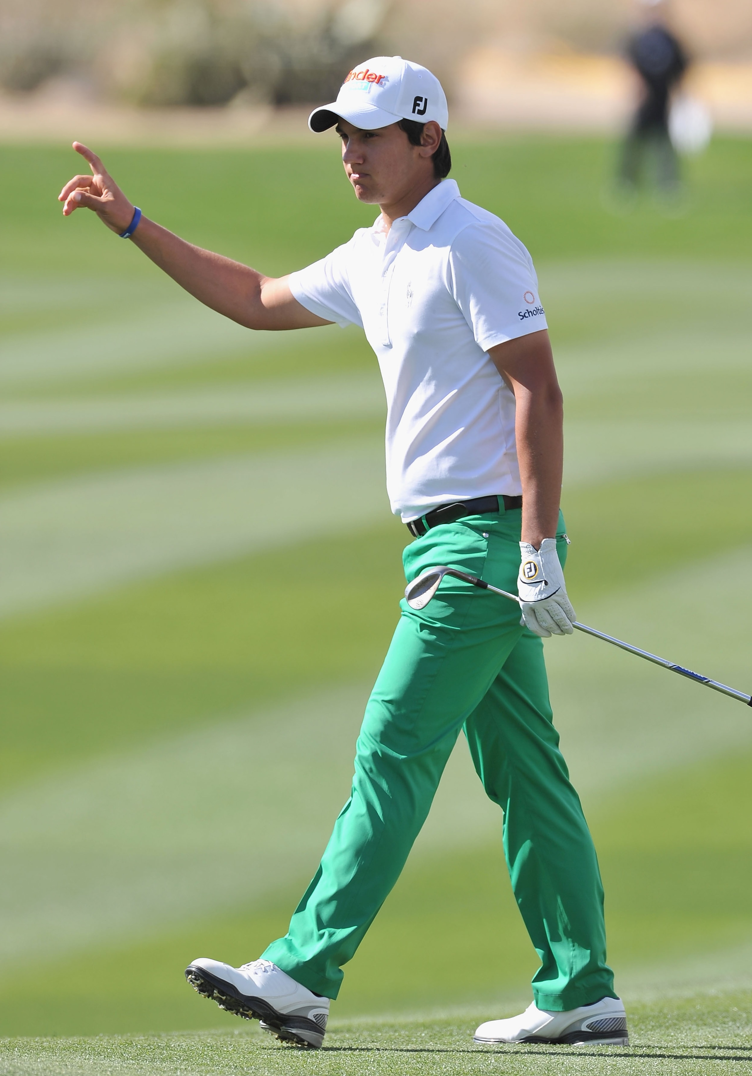 MARANA, AZ - FEBRUARY 25:  Matteo Manassero of Italy celebrates his chipping in on the 13th hole during the third round of the Accenture Match Play Championship at the Ritz-Carlton Golf Club on February 25, 2011 in Marana, Arizona.  (Photo by Stuart Frank