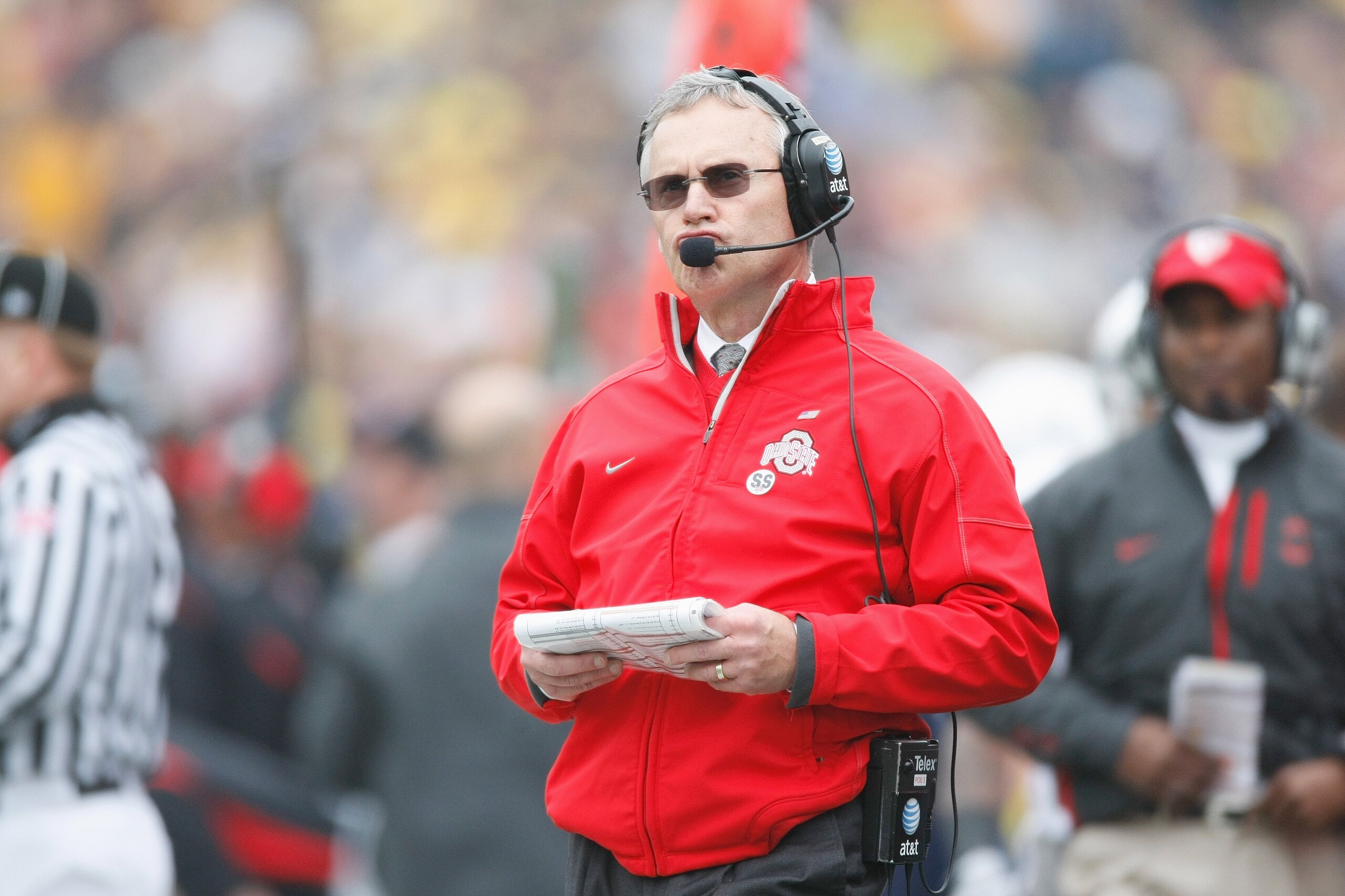 ANN ARBOR, MI - NOVEMBER 21: Head coach Jim Tressel of the Ohio State Buckeyes watches the action against the Michigan Wolverines on November 21, 2009 at Michigan Stadium in Ann Arbor, Michigan. Ohio State won the game 21-10. (Photo by Gregory Shamus/Gett
