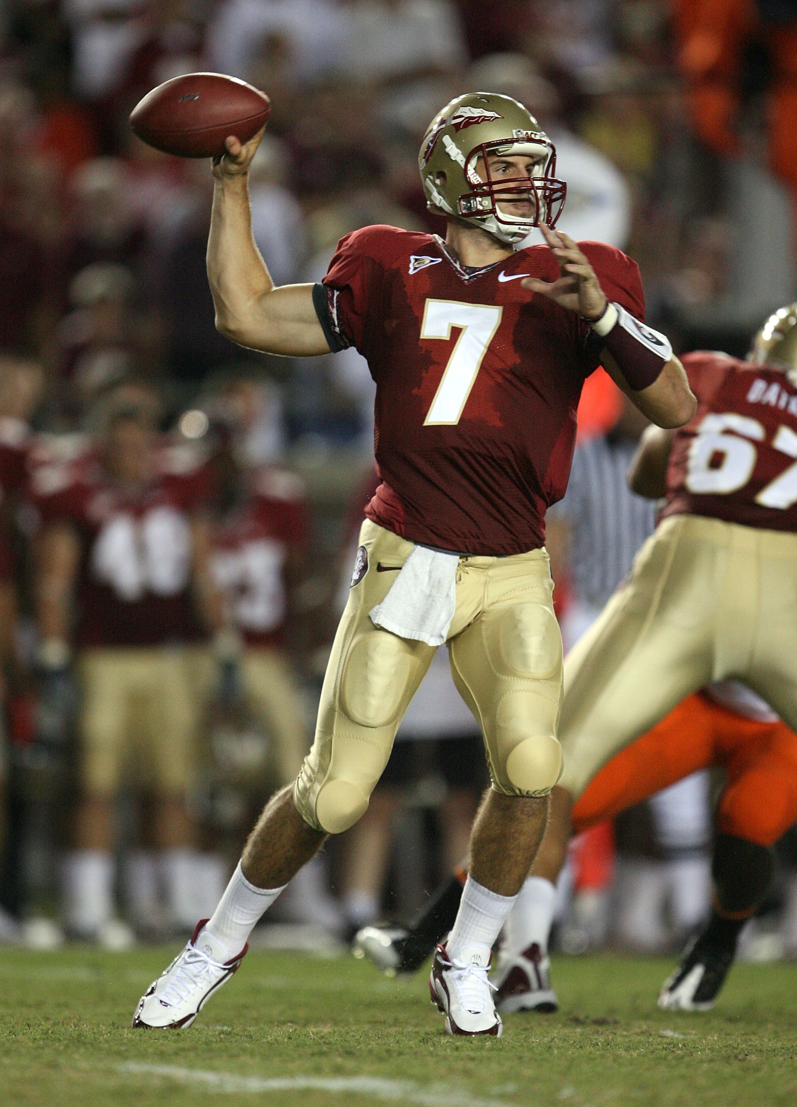 TALLAHASSEE, FL - SEPTEMBER 07:  Quarterback Christian Ponder #7 of the Florida State Seminoles throws a pass against the Miami Hurricanes at Doak Campbell Stadium on September 7, 2009 in Tallahassee, Florida.  (Photo by Doug Benc/Getty Images)