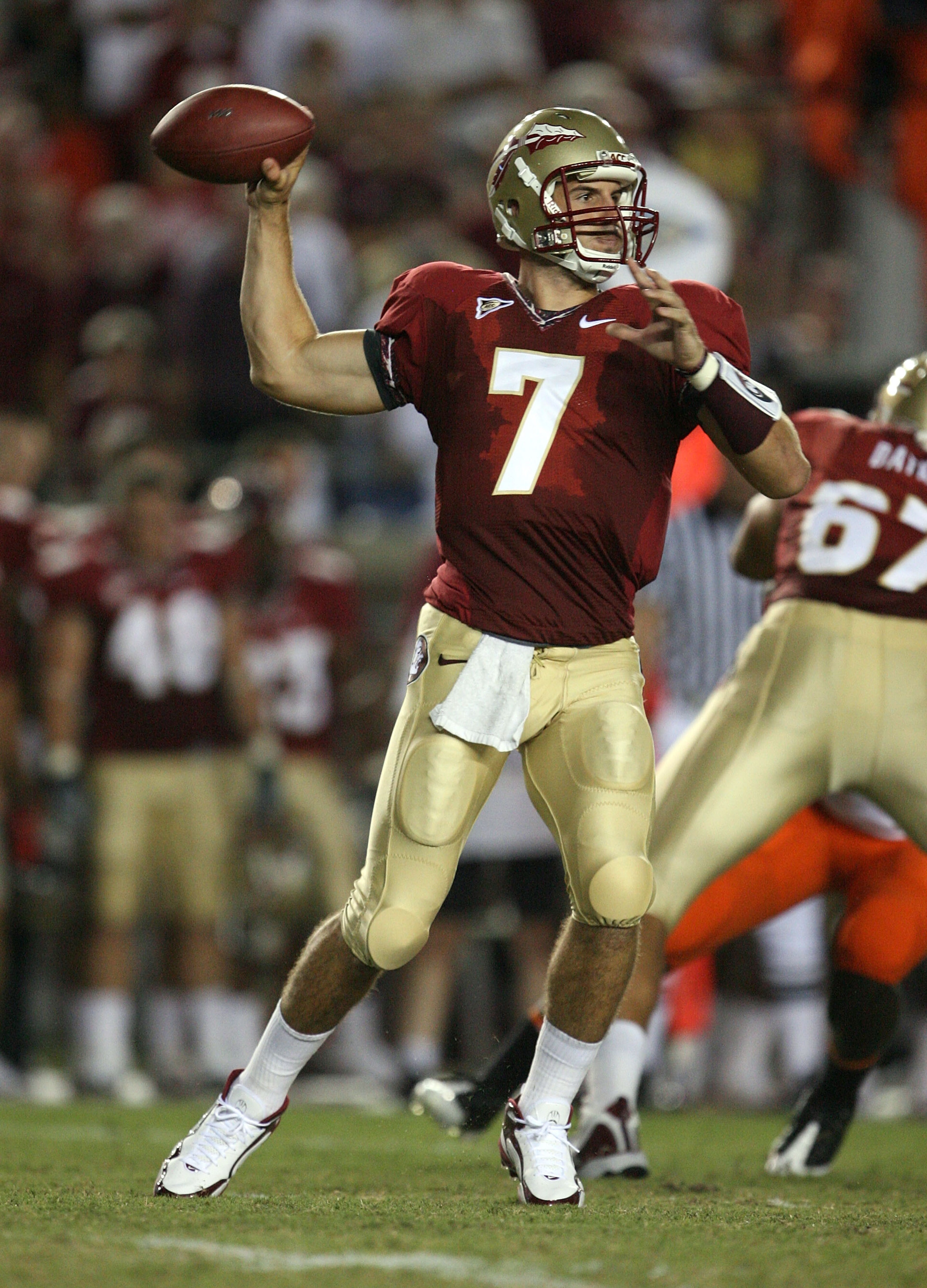 TALLAHASSEE, FL - SEPTEMBER 07:  Quarterback Christian Ponder #7 of the Florida State Seminoles throws a pass against the Miami Hurricanes at Doak Campbell Stadium on September 7, 2009 in Tallahassee, Florida.  (Photo by Doug Benc/Getty Images)