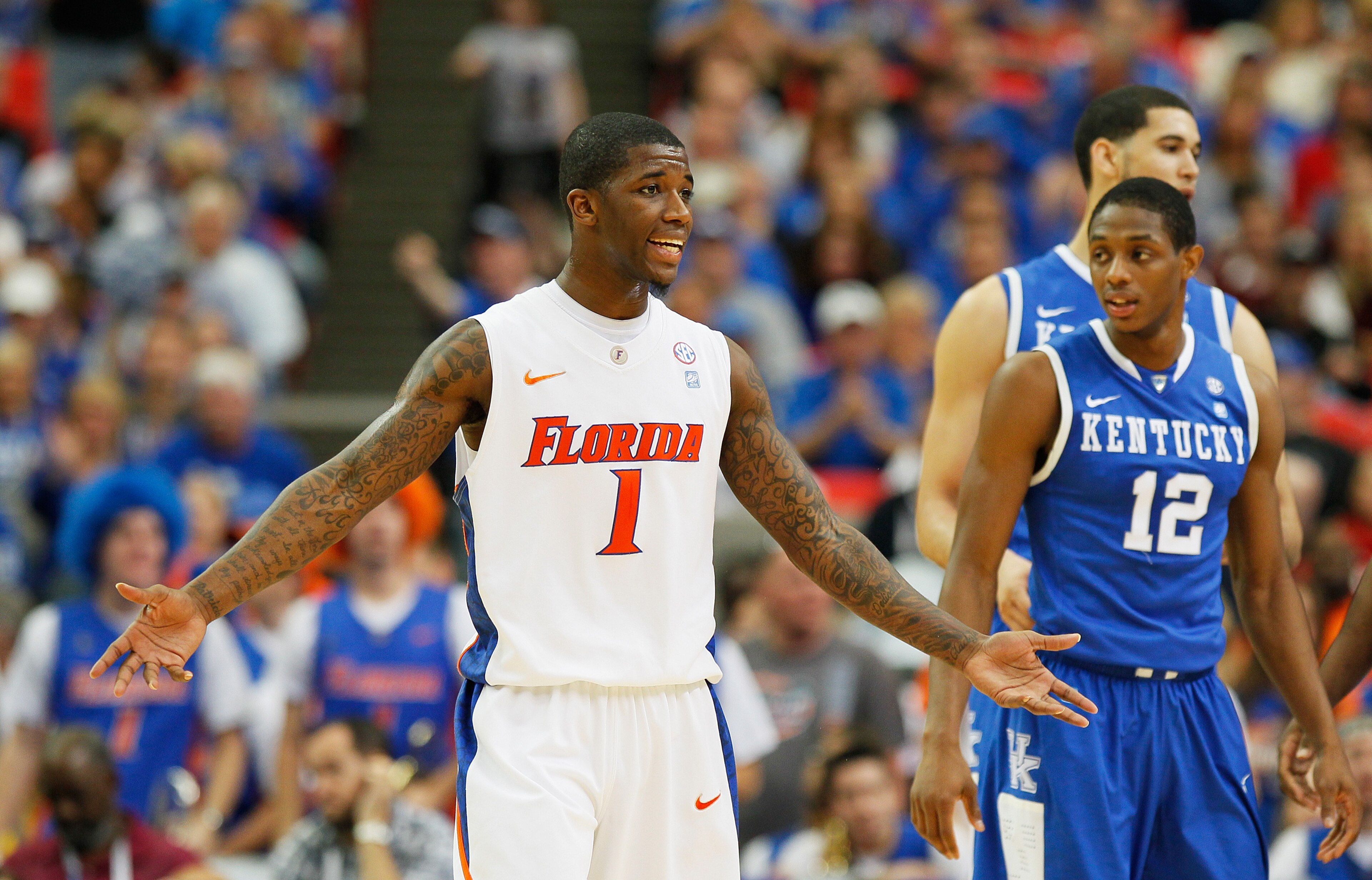 ATLANTA, GA - MARCH 13:  Kenny Boynton #1 of the Florida Gators reacts during their game against the Kentucky Wildcats in the championship game of the SEC Men's Basketball Tournament at Georgia Dome on March 13, 2011 in Atlanta, Georgia.  (Photo by Kevin