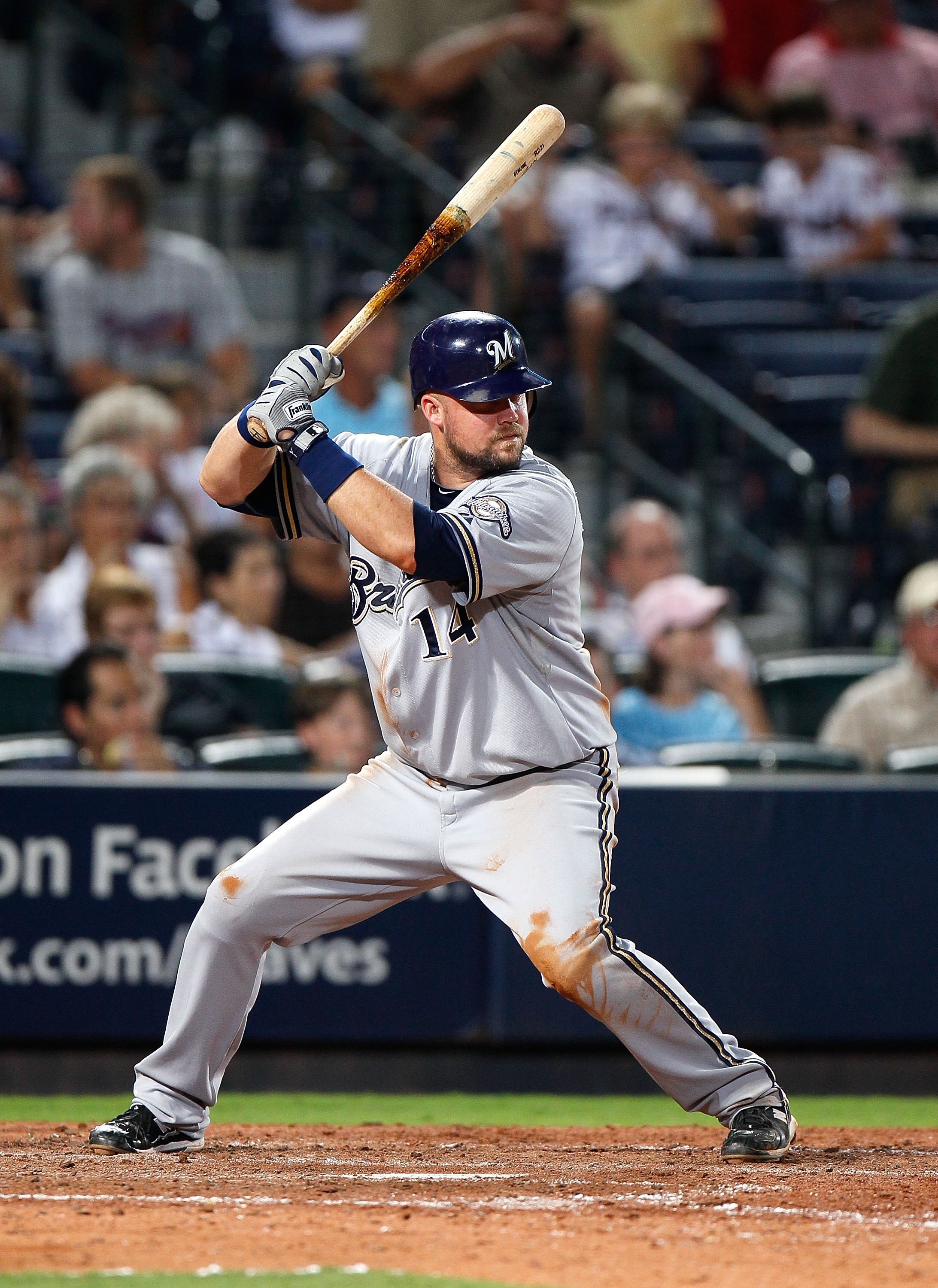 ATLANTA - JULY 15:  Casey McGehee #14 of the Milwaukee Brewers against the Atlanta Braves at Turner Field on July 15, 2010 in Atlanta, Georgia.  (Photo by Kevin C. Cox/Getty Images)