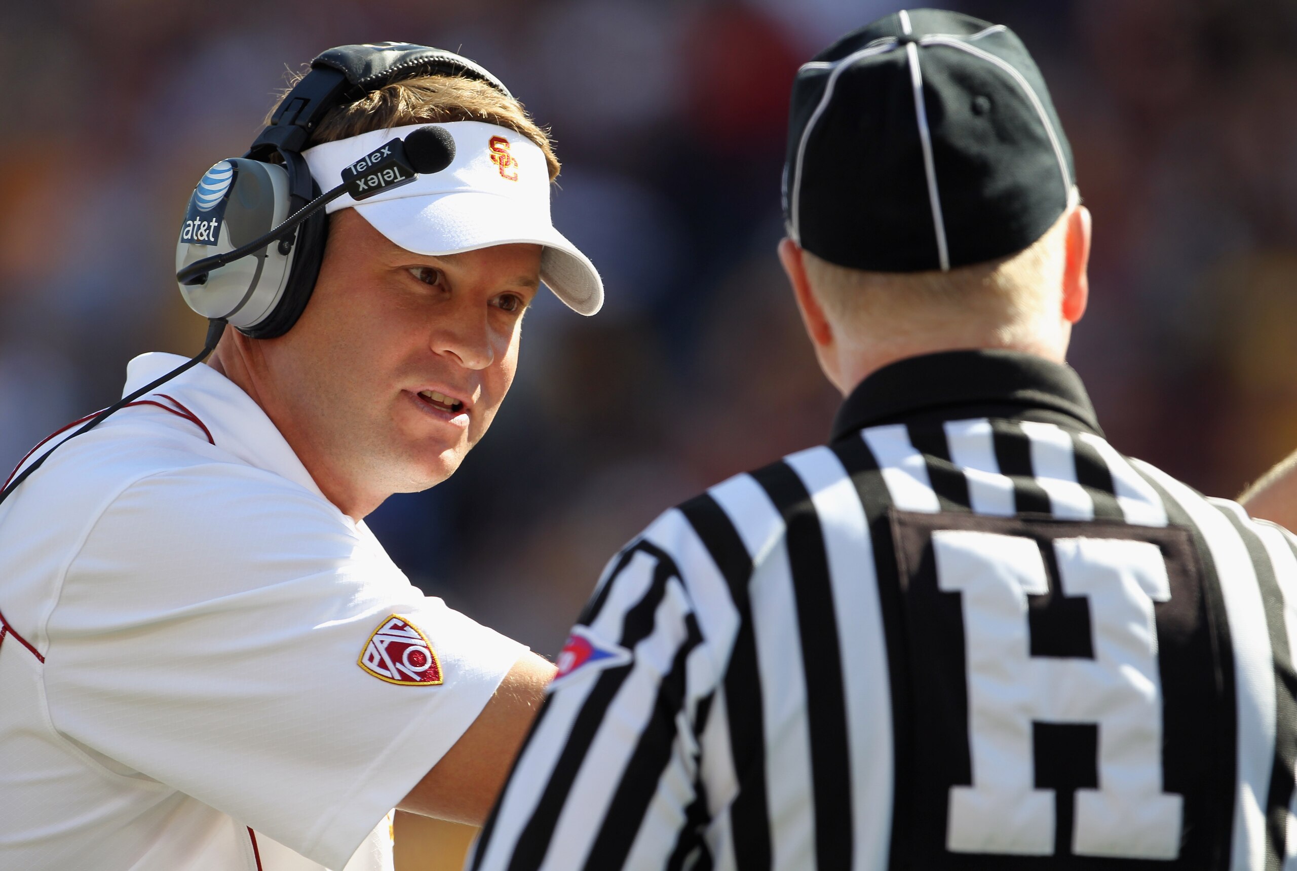 MINNEAPOLIS - SEPTEMBER 18:  Head coach Lane Kiffin of the USC Trojans appeals to linesman Jim Ryan during the game against the Minnesota Golden Gophers on September 18, 2010 at TCF Bank Stadium in Minneapolis, Minnesota.  (Photo by Jamie Squire/Getty Ima