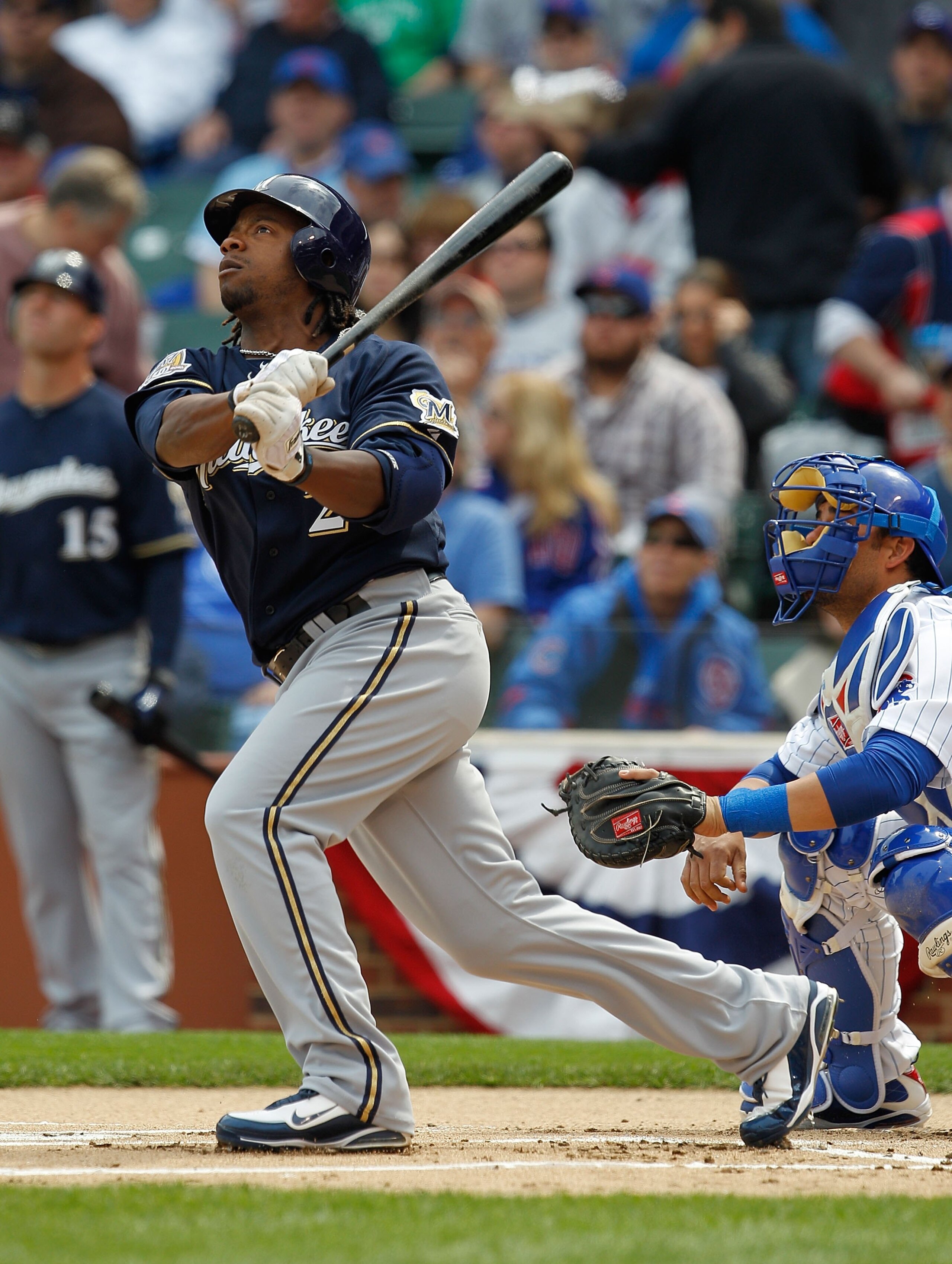 CHICAGO - APRIL 12: Rickie Weeks #23 of the Milwaukee Brewers hits the ball against the Chicago Cubs on Opening Day at Wrigley Field on April 12, 2010 in Chicago, Illinois. The Cubs defeated the Brewers 9-5. (Photo by Jonathan Daniel/Getty Images)