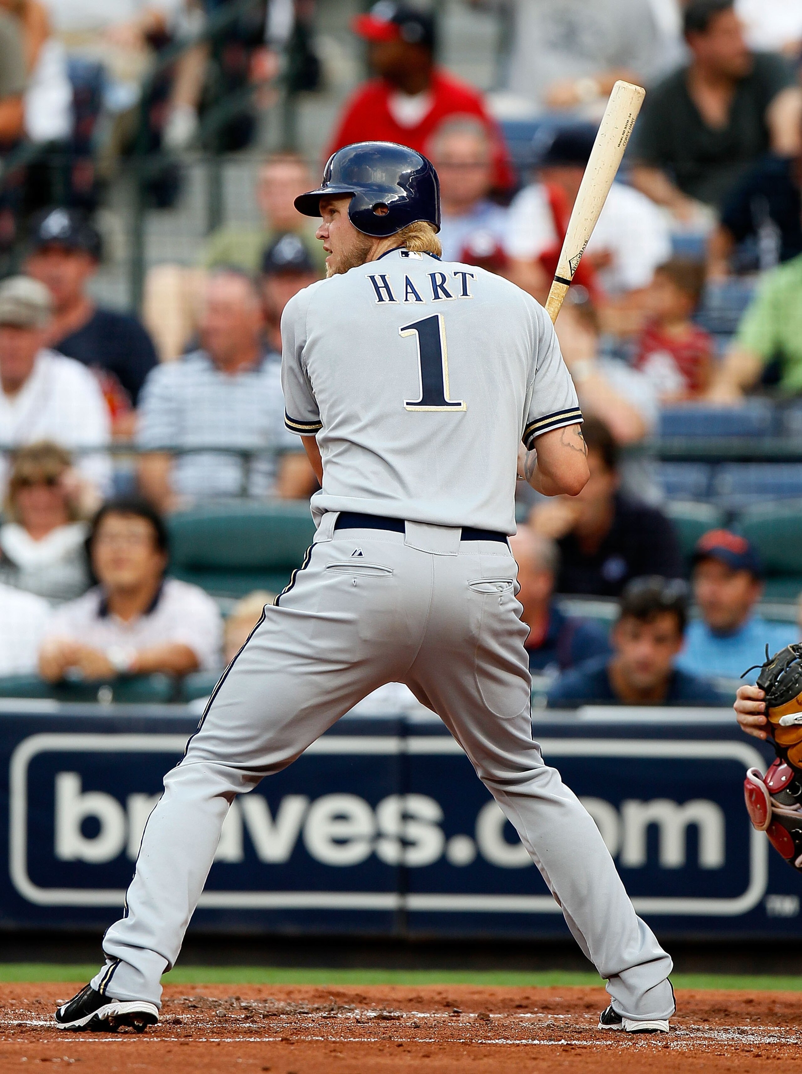 ATLANTA - JULY 15:  Corey Hart #1 of the Milwaukee Brewers against the Atlanta Braves at Turner Field on July 15, 2010 in Atlanta, Georgia.  (Photo by Kevin C. Cox/Getty Images)