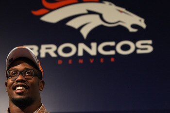 ENGLEWOOD, CO - APRIL 29:  Von Miller of the Denver Broncos speaks to the media at Dove Valley on April 29, 2011 in Englewood, Colorado. Miller, a projected outside linebacker in head coach John Fox's new 4-3 scheme, was selected second overall from Texas