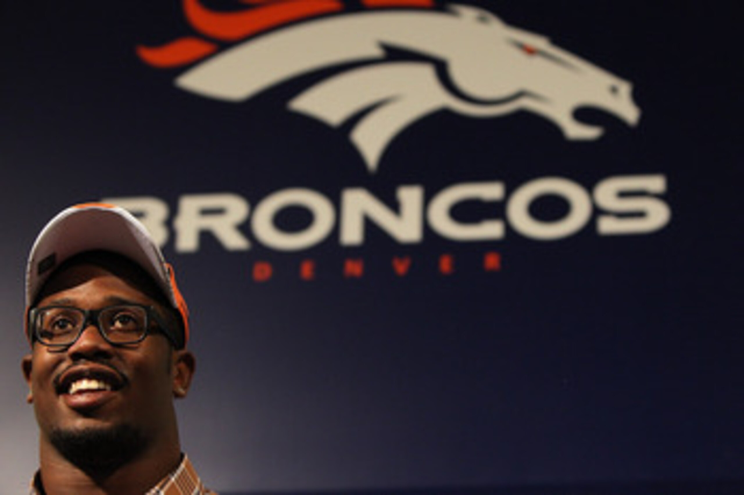 ENGLEWOOD, CO - APRIL 29:  Von Miller of the Denver Broncos speaks to the media at Dove Valley on April 29, 2011 in Englewood, Colorado. Miller, a projected outside linebacker in head coach John Fox's new 4-3 scheme, was selected second overall from Texas