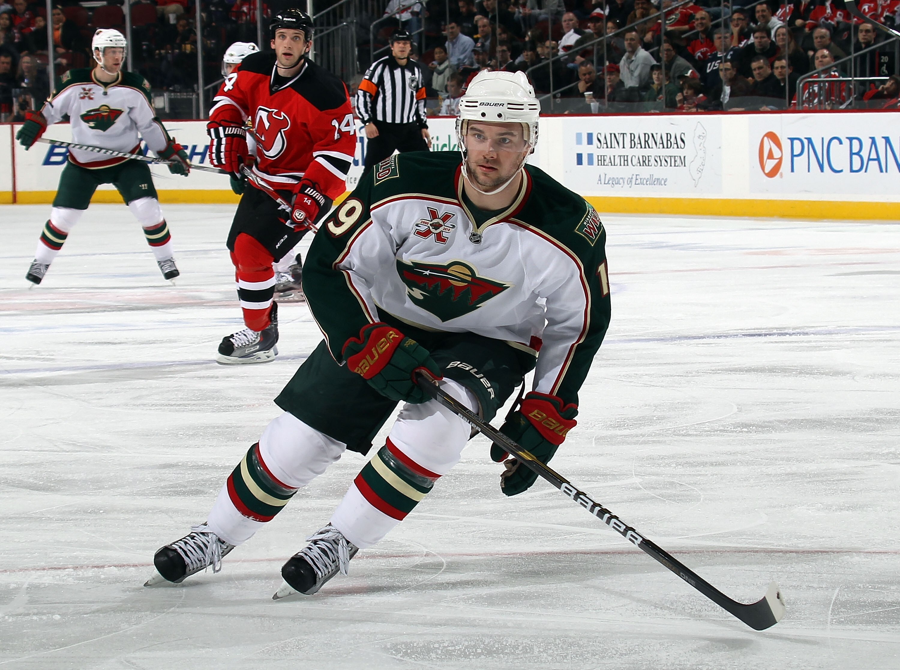 NEWARK, NJ - JANUARY 04: Patrick O'Sullivan #19 of the Minnesota Wild skates against the New Jersey Devils at the Prudential Center on January 4, 2011 in Newark, New Jersey. The Wild defeated the Devils 2-1.  (Photo by Bruce Bennett/Getty Images)