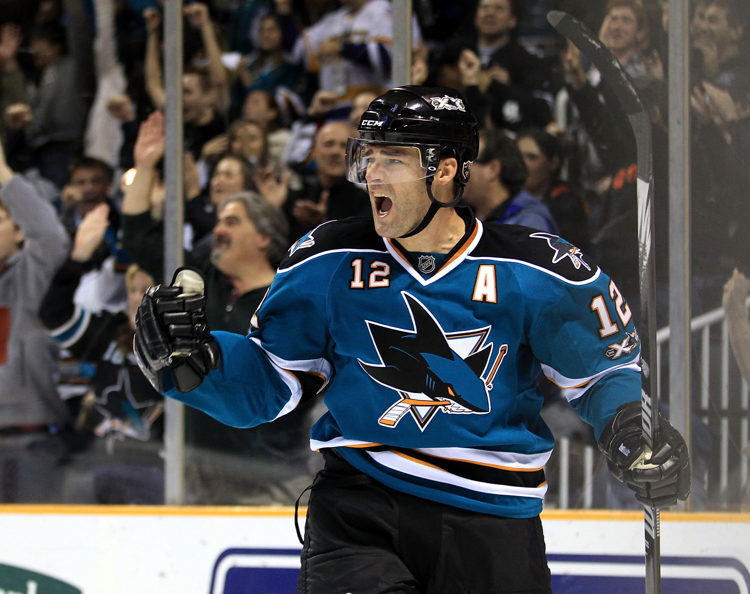 SAN JOSE, CA - NOVEMBER 24:  Patrick Marleau #12 of the San Jose Sharks celebrates after he scored a goal against the Chicago Blackhawks at HP Pavilion on November 24, 2010 in San Jose, California.  (Photo by Ezra Shaw/Getty Images)