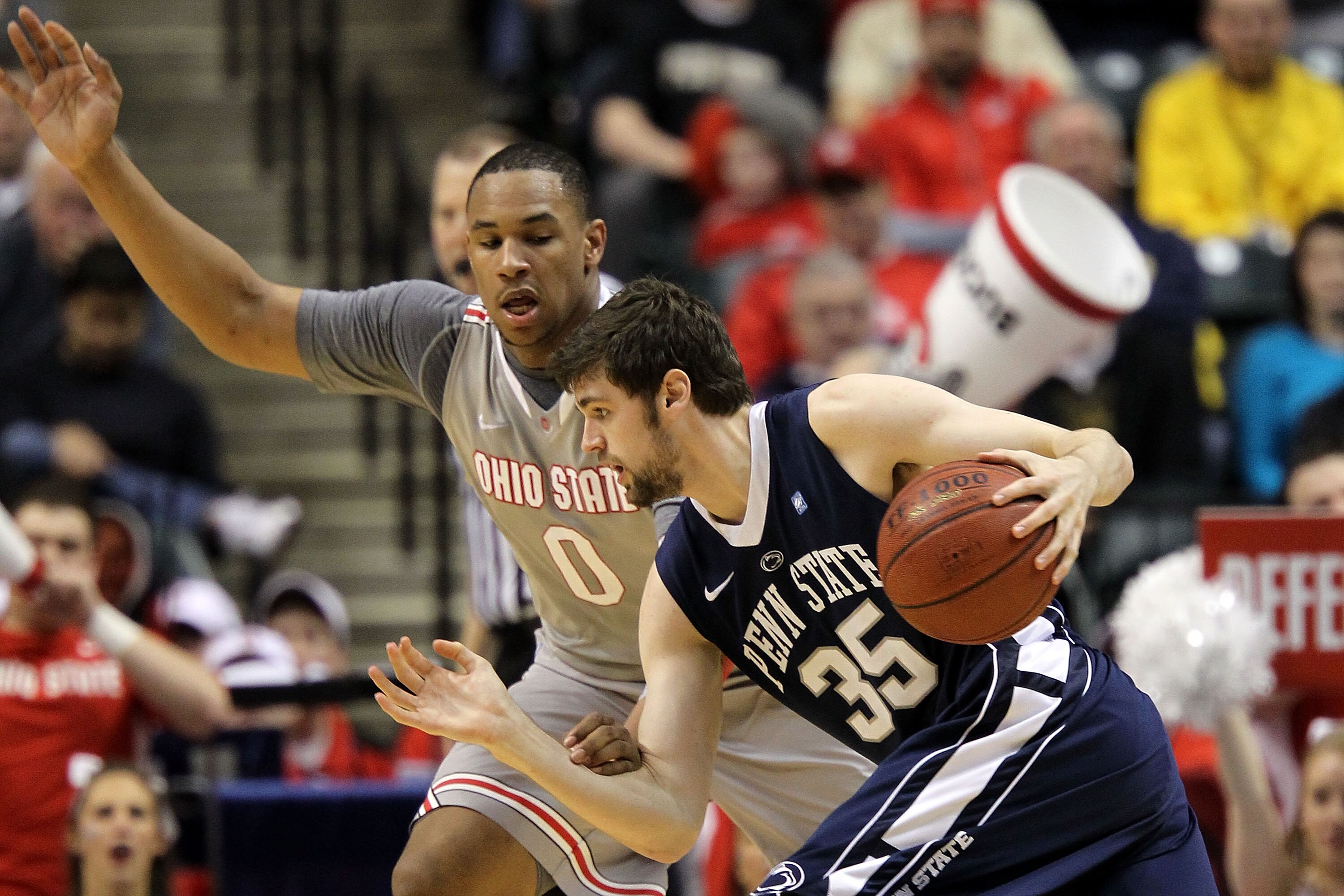 INDIANAPOLIS, IN - MARCH 13:  Billy Oliver #35 of the Penn State Nittany Lions drives against Jared Sullinger #0 of the Ohio State Buckeyes during the championship game of the 2011 Big Ten Men's Basketball Tournament at Conseco Fieldhouse on March 13, 201
