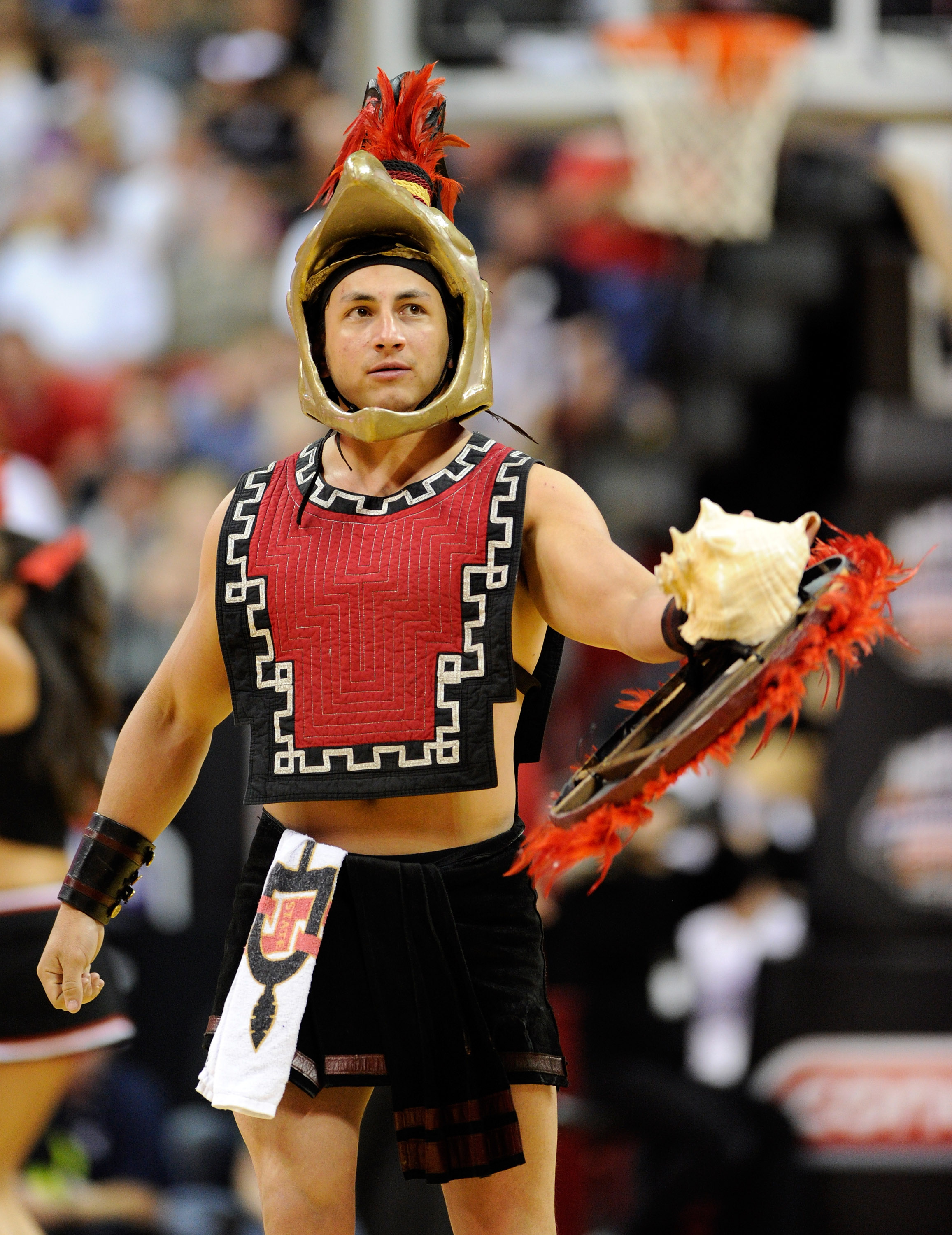 LAS VEGAS, NV - MARCH 12:  San Diego State Aztecs mascot Aztec Warrior appears on the court during the championship game of the Conoco Mountain West Conference Basketball tournament against the Brigham Young University Cougars at the Thomas & Mack Center