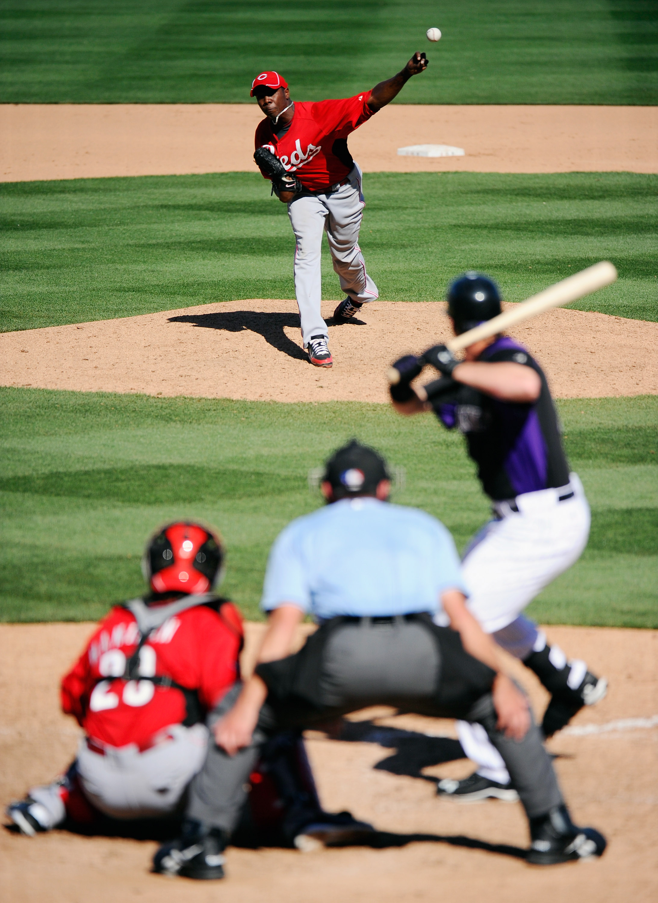 SCOTTSDALE, AZ - MARCH 14: Pitcher Aroldis Chapman #54 of the Cincinnati Reds against the Colorodo Rockies during the spring training baseball game at Salt River Fields at Talking Stick on March 14, 2011 in Scottsdale, Arizona. (Photo by Kevork Djansezi SCOTTSDALE, AZ - MARCH 14: Pitcher Aroldis Chapman #54 of the Cincinnati Reds against the Colorodo Rockies during the spring training baseball game at Salt River Fields at Talking Stick on March 14, 2011 in Scottsdale, Arizona. (Photo by Kevork Djansezi