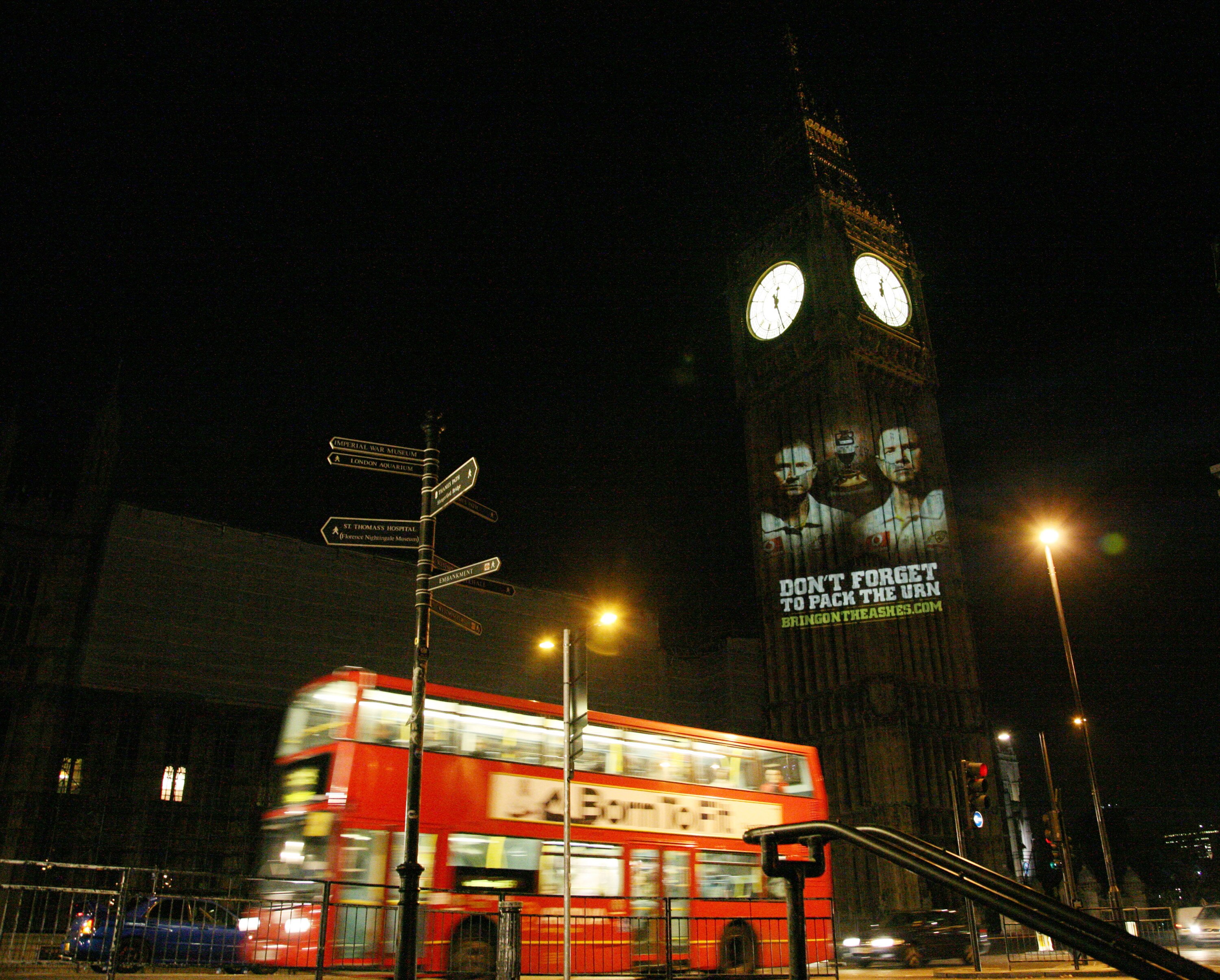 LONDON, ENGLAND - OCTOBER 28: In this handout photo provided by Cricket Australia an image of Australian Test cricket captain Ricky Ponting and Vice Captain Michael Clarke is projected onto the Big Ben clock tower at the Palace of Westminster on October 2