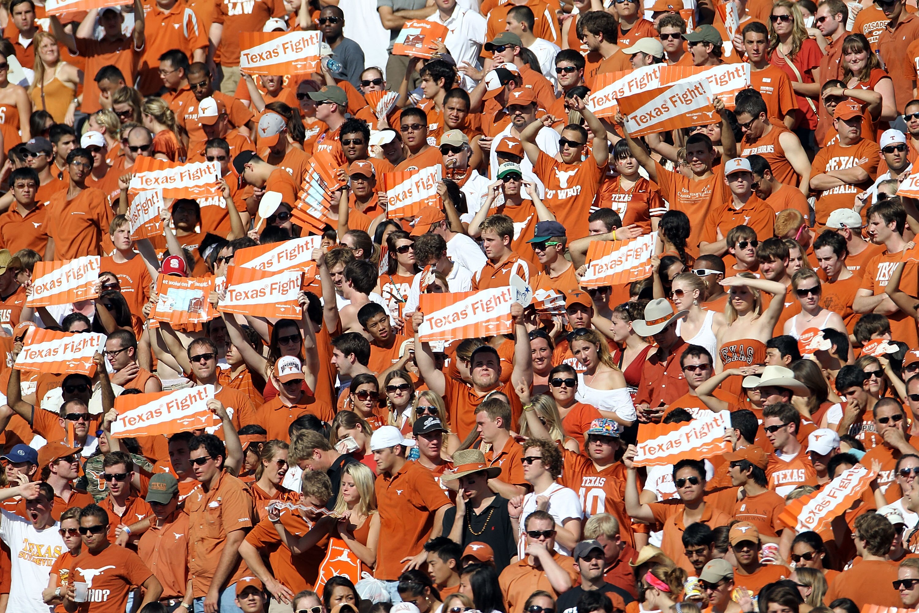 AUSTIN, TX - SEPTEMBER 25:  A view of fans during a game between the UCLA Bruins and the Texas Longhorns at Darrell K Royal-Texas Memorial Stadium on September 25, 2010 in Austin, Texas.  (Photo by Ronald Martinez/Getty Images)