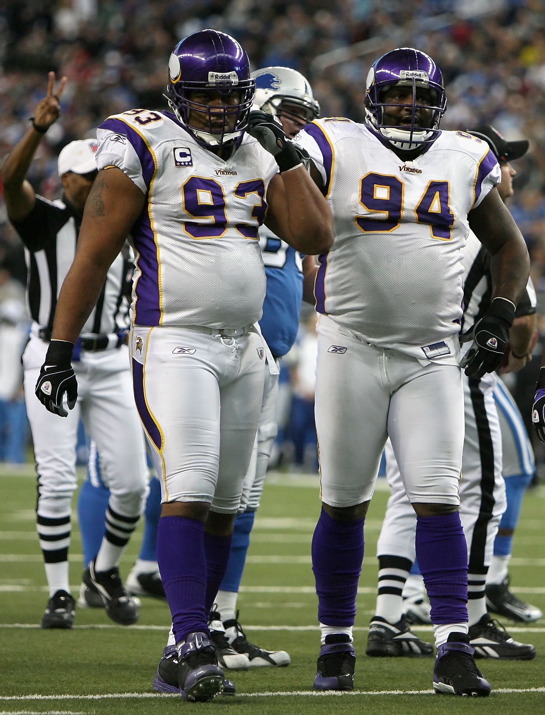 DETROIT - DECEMBER 07:  (L-R) Kevin Williams #93 and Pat Williams #94 of the Minnesoa Vikings in action during the NFL game against the Detroit Lions at Ford Field on December 7, 2008 in Detroit, Michigan.  The Vikings defeated the Lions 20-16.  (Photo by