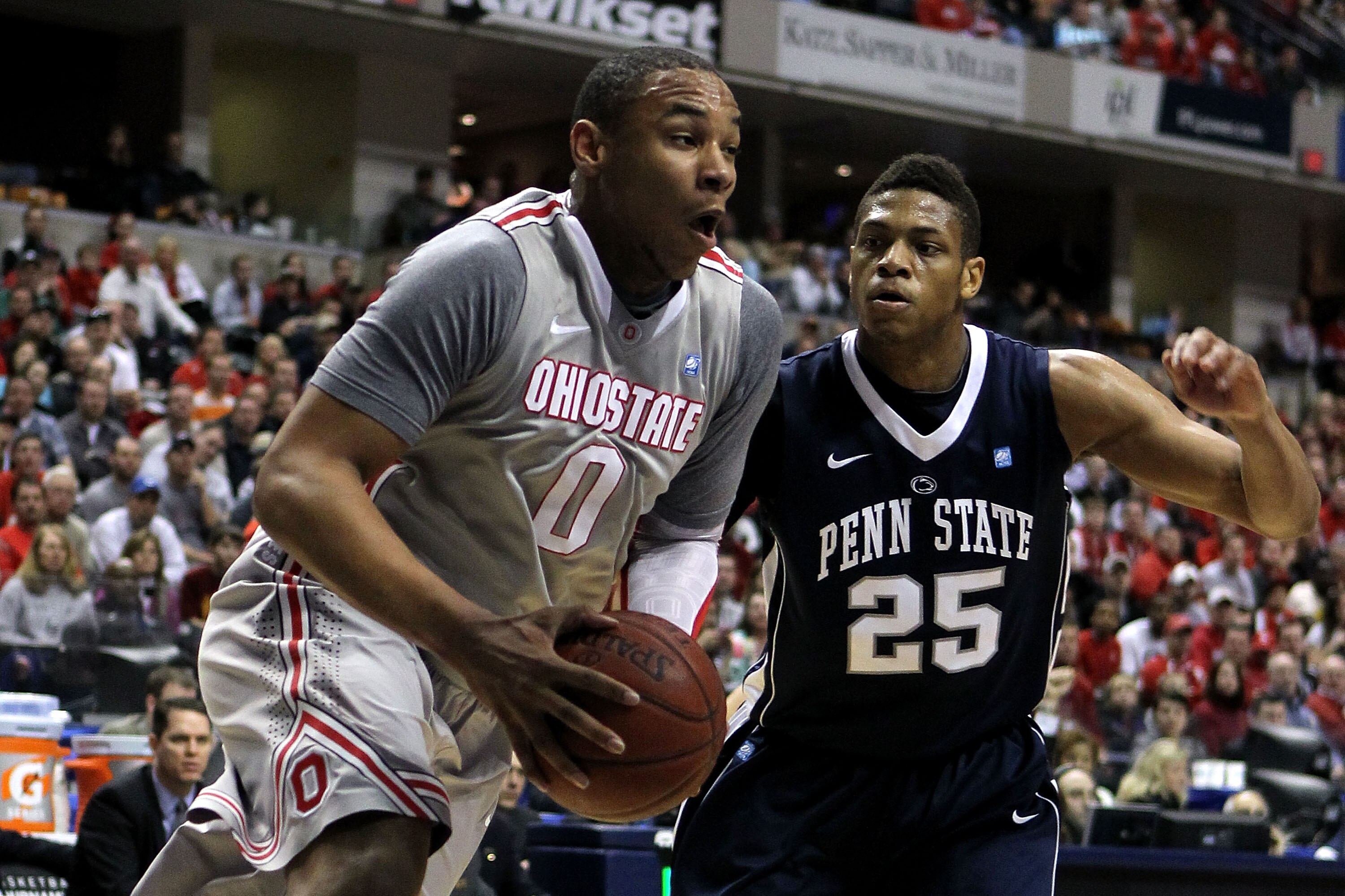 INDIANAPOLIS, IN - MARCH 13:  Jared Sullinger #0 of the Ohio State Buckeyes drives in the first half against Jeff Brooks #25 of the Penn State Nittany Lions during the championship game of the 2011 Big Ten Men's Basketball Tournament at Conseco Fieldhouse